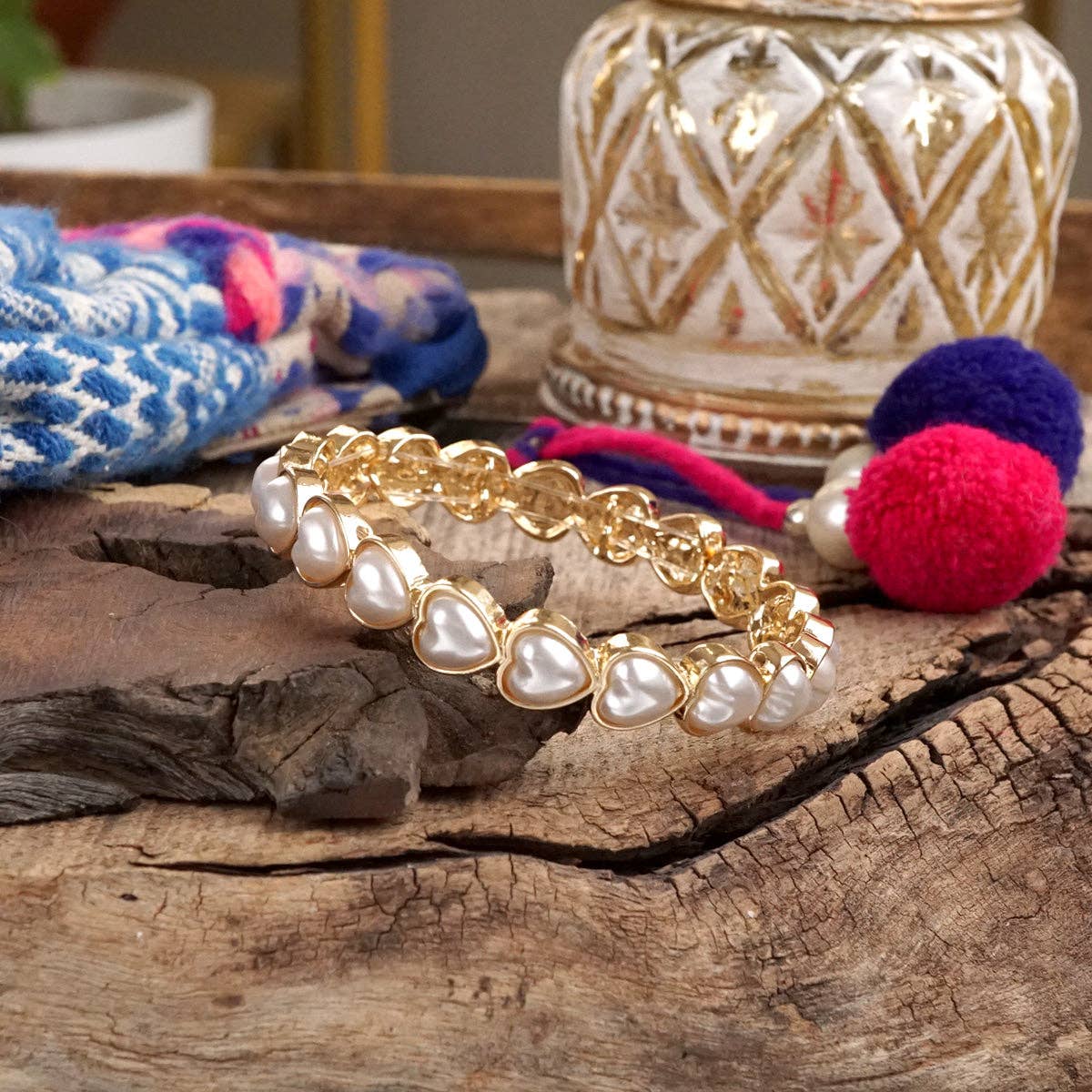 Gold Stretchy Bangle with Pearl Hearts