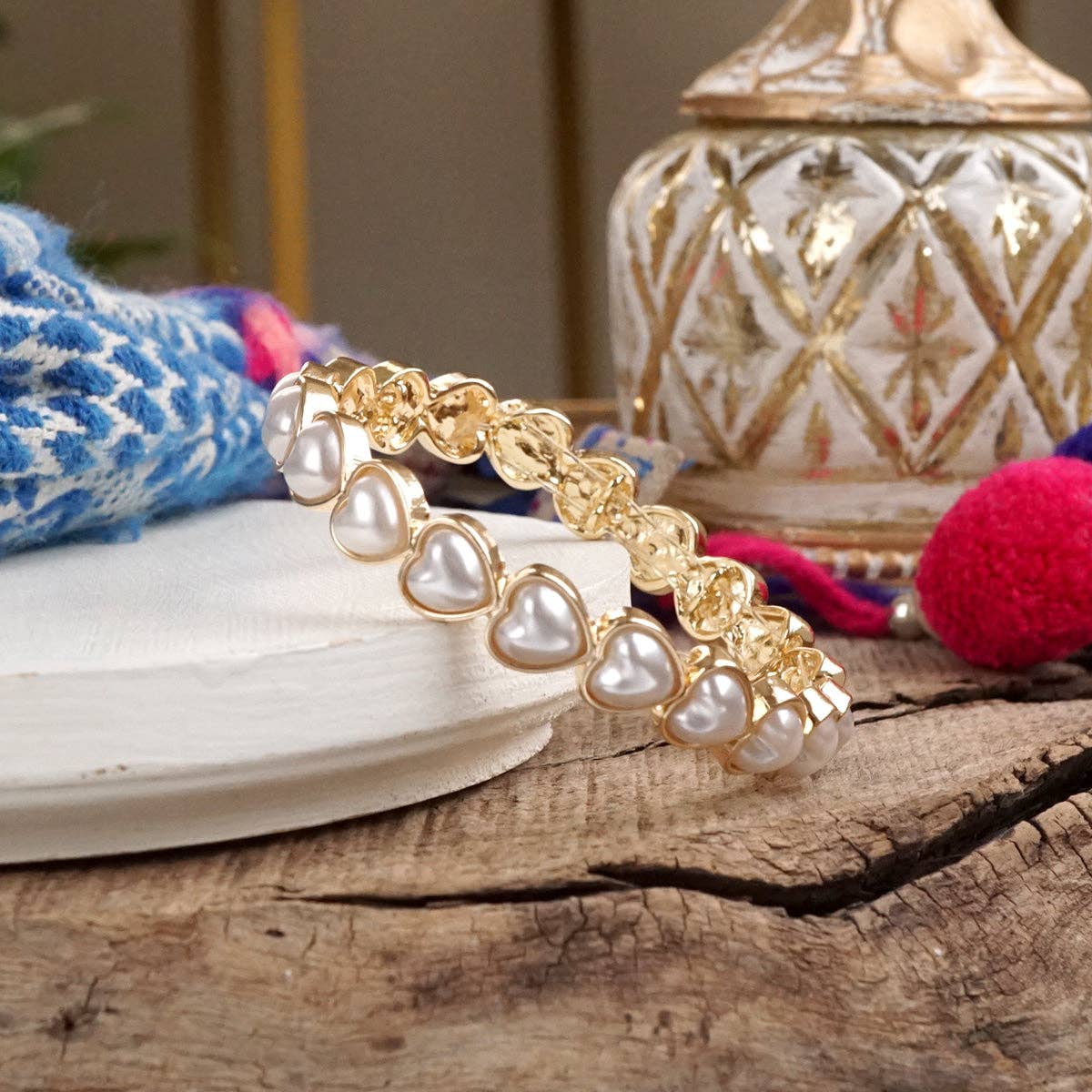 Gold Stretchy Bangle with Pearl Hearts