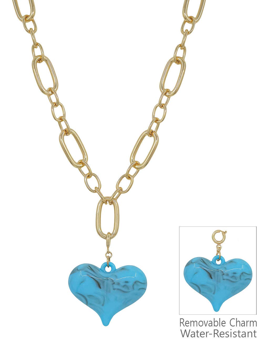Turquoise Resin Heart -Water resistant-Gold Chunky Chain 16"-18" Necklace with Gold stud earrings