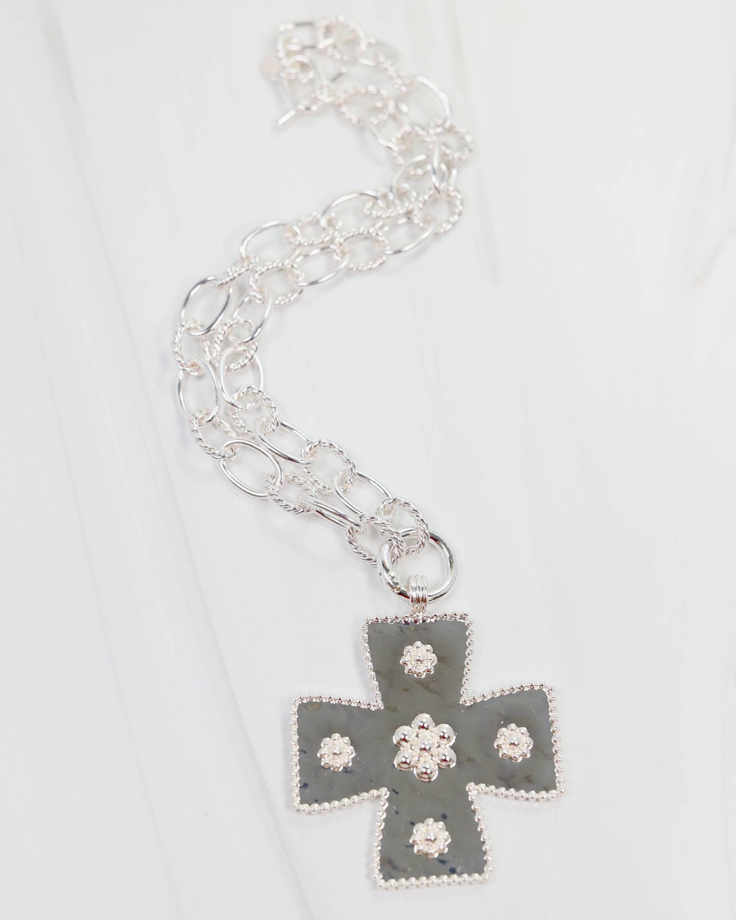 Caroline Hill - Carol Large Cross Charm Necklace Silver