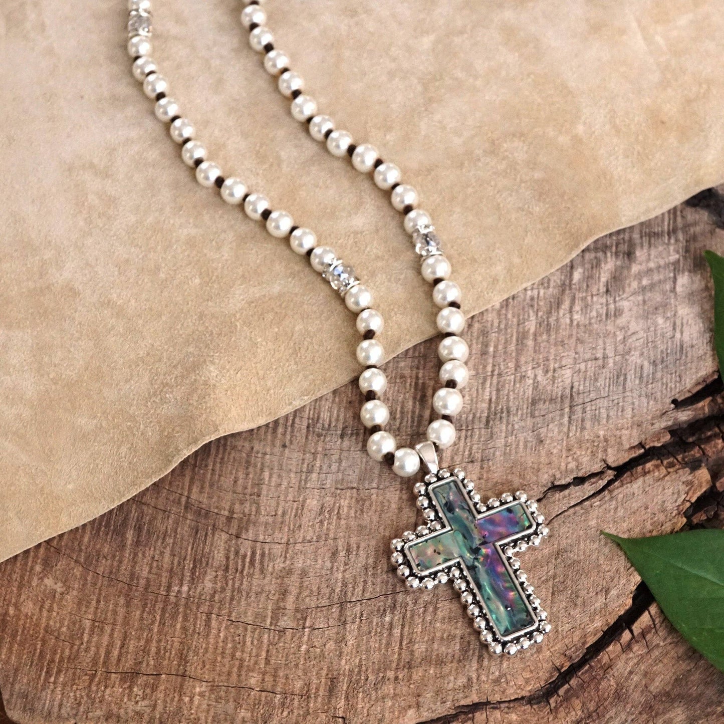 Pearlized beads Necklace with Cross pendant & Mother of Pearl Abalone