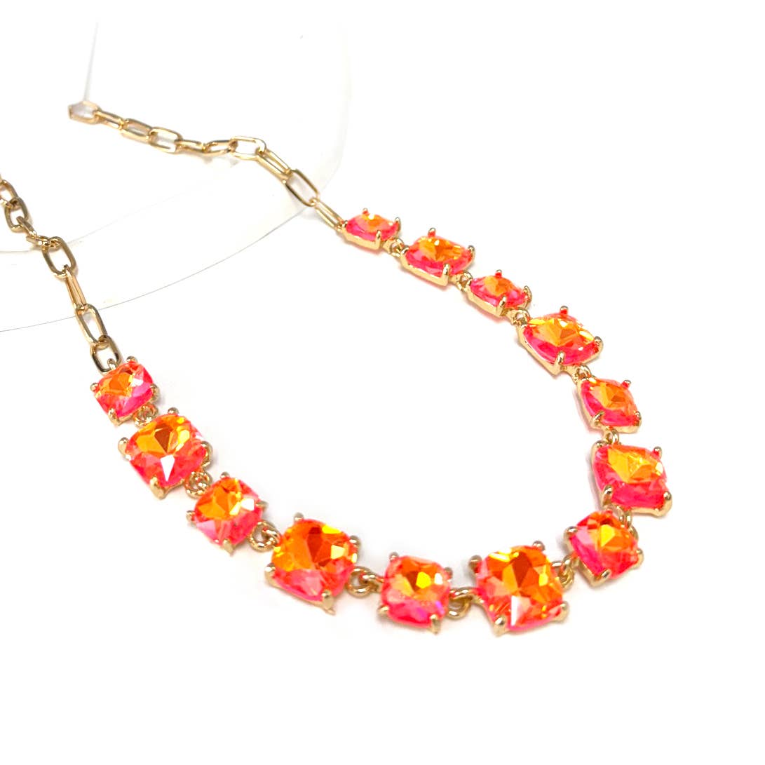 Orange Neon Cushion Cut Glass Linked Chain Necklace