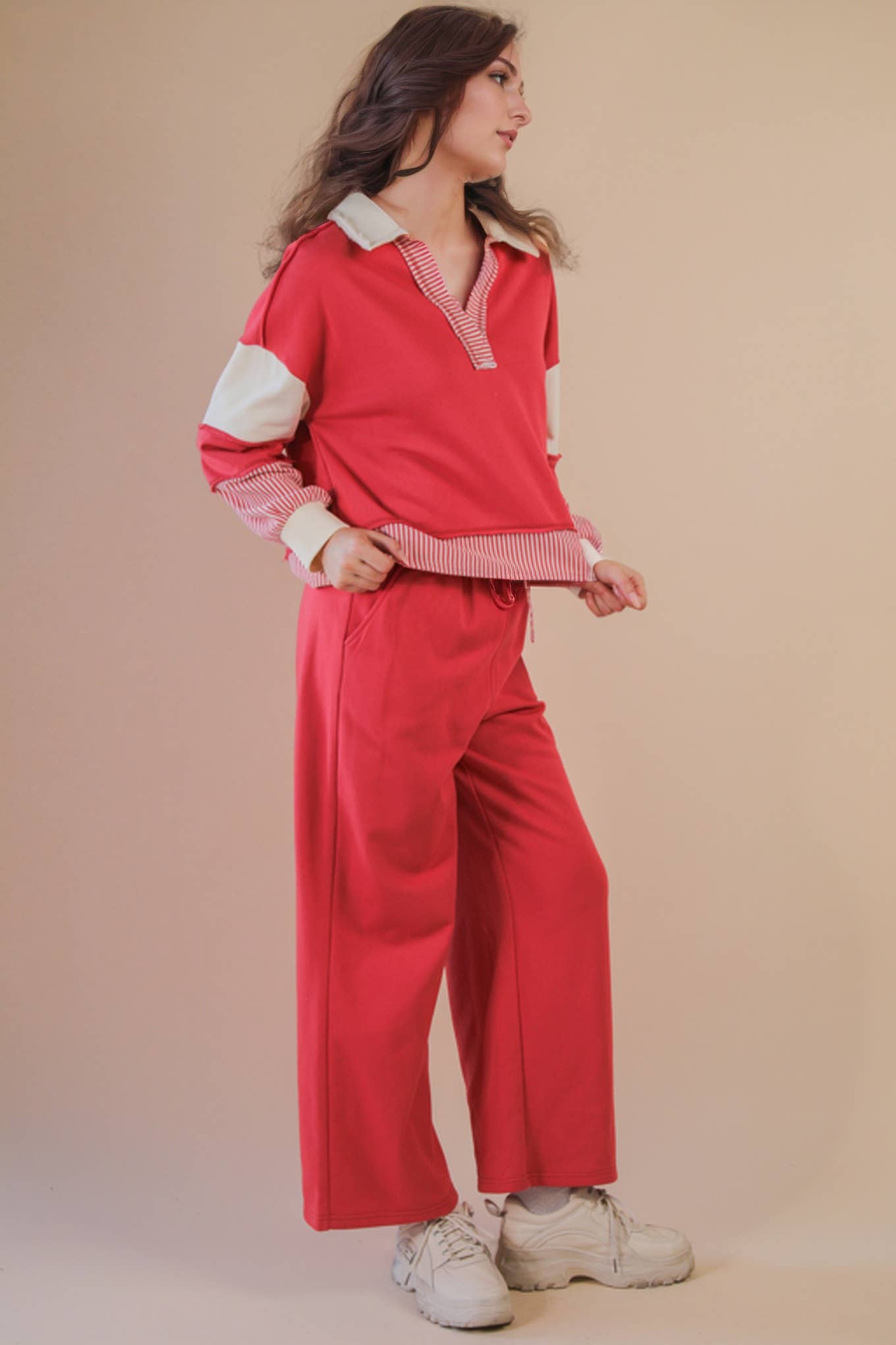 VERY J - Color Block Casual Knit Top & Pants Set