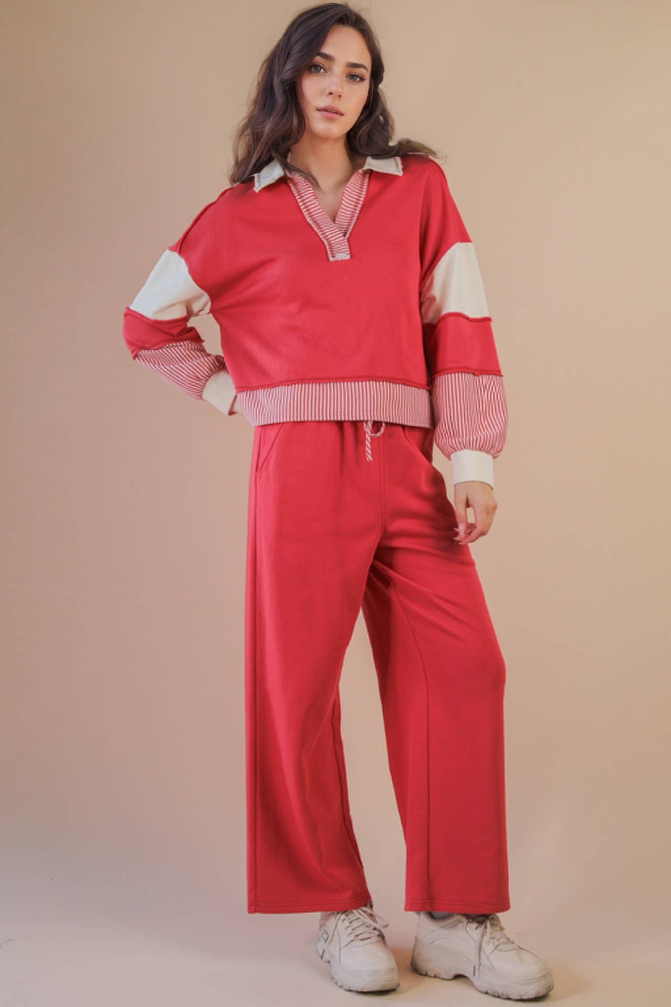 VERY J - Color Block Casual Knit Top & Pants Set