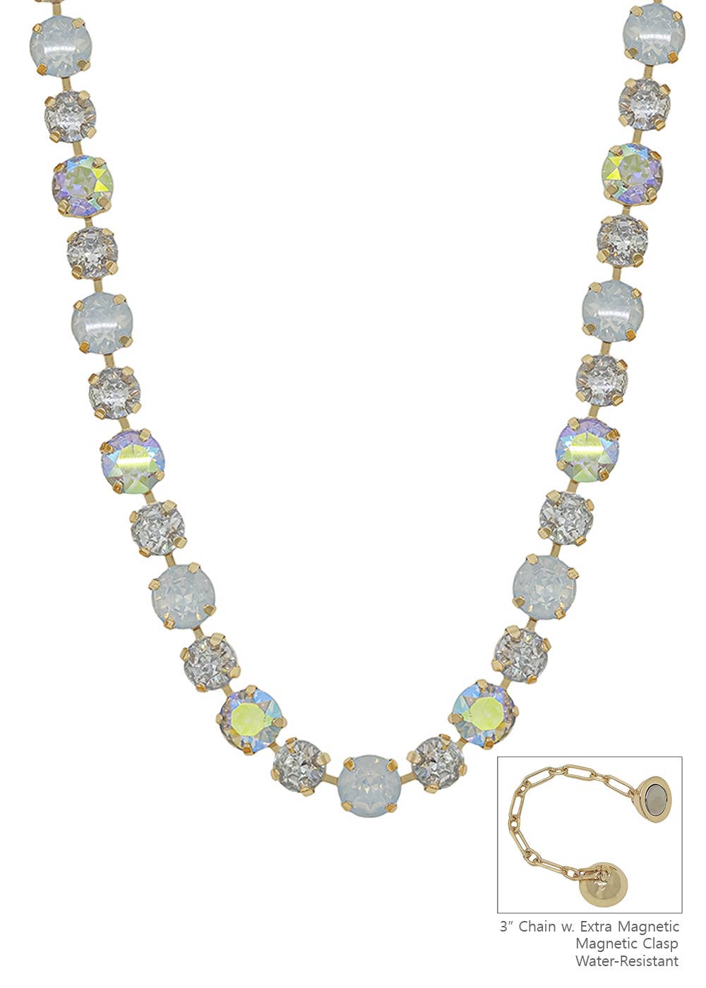 Clear, Opal & AB Crystal- Water Resistant Clear Stone Necklace with Magnetic Closure 17"