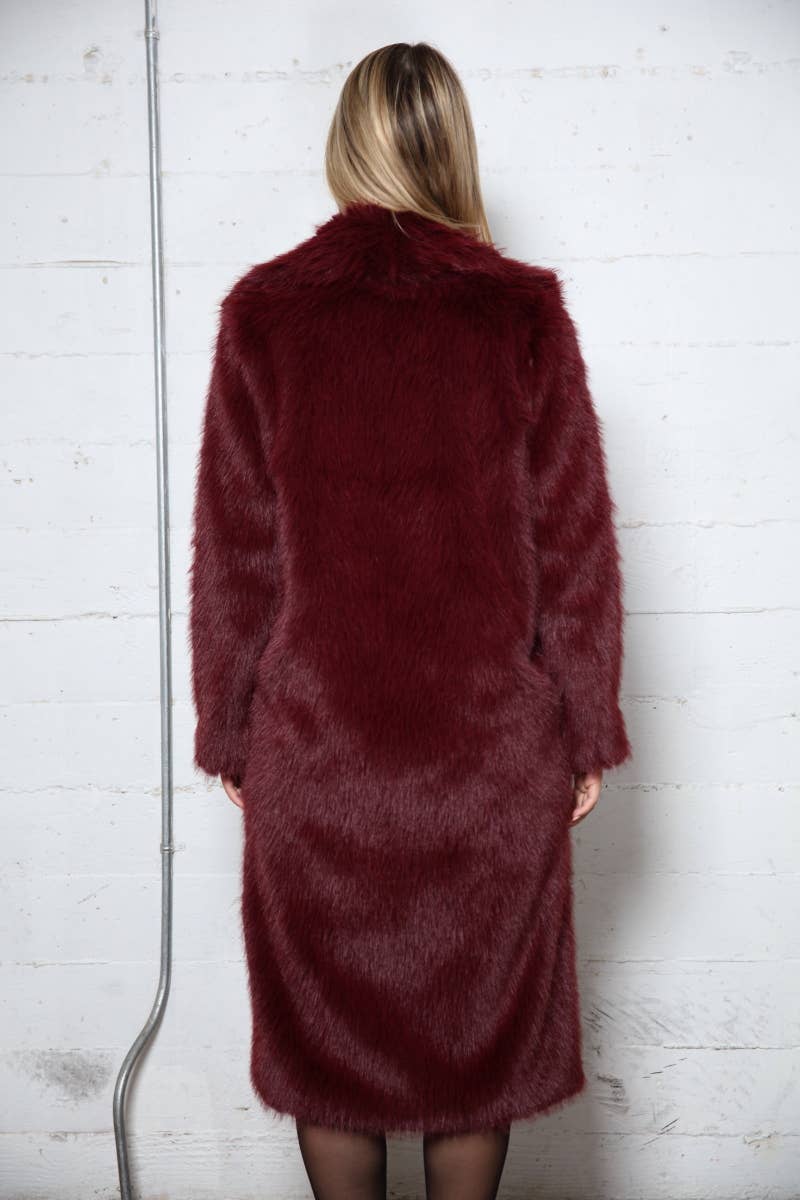 Burgundy Long Hair Faux Fur coat