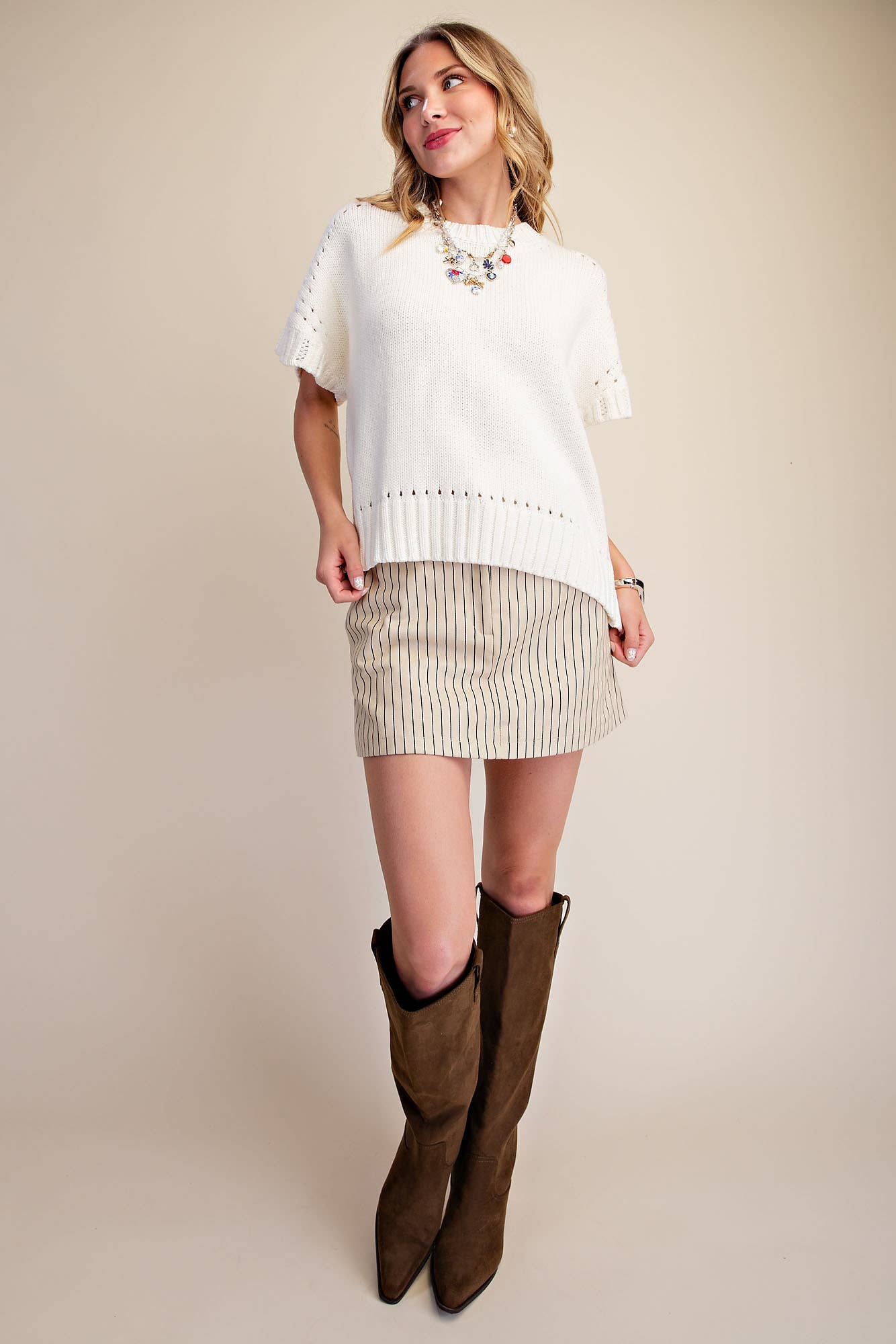 Ecru -Short-Sleeve Crew-Neck Sweater