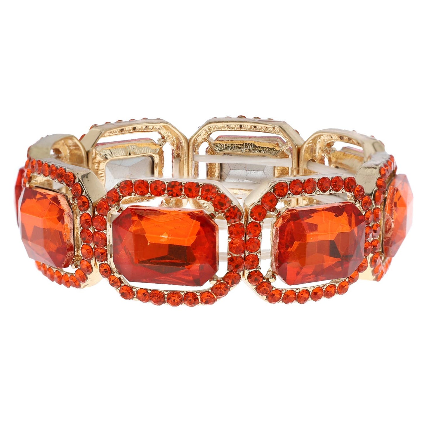 Orange Rectangular Octagon Rhinestone w/ Halo Cocktail Bracelet