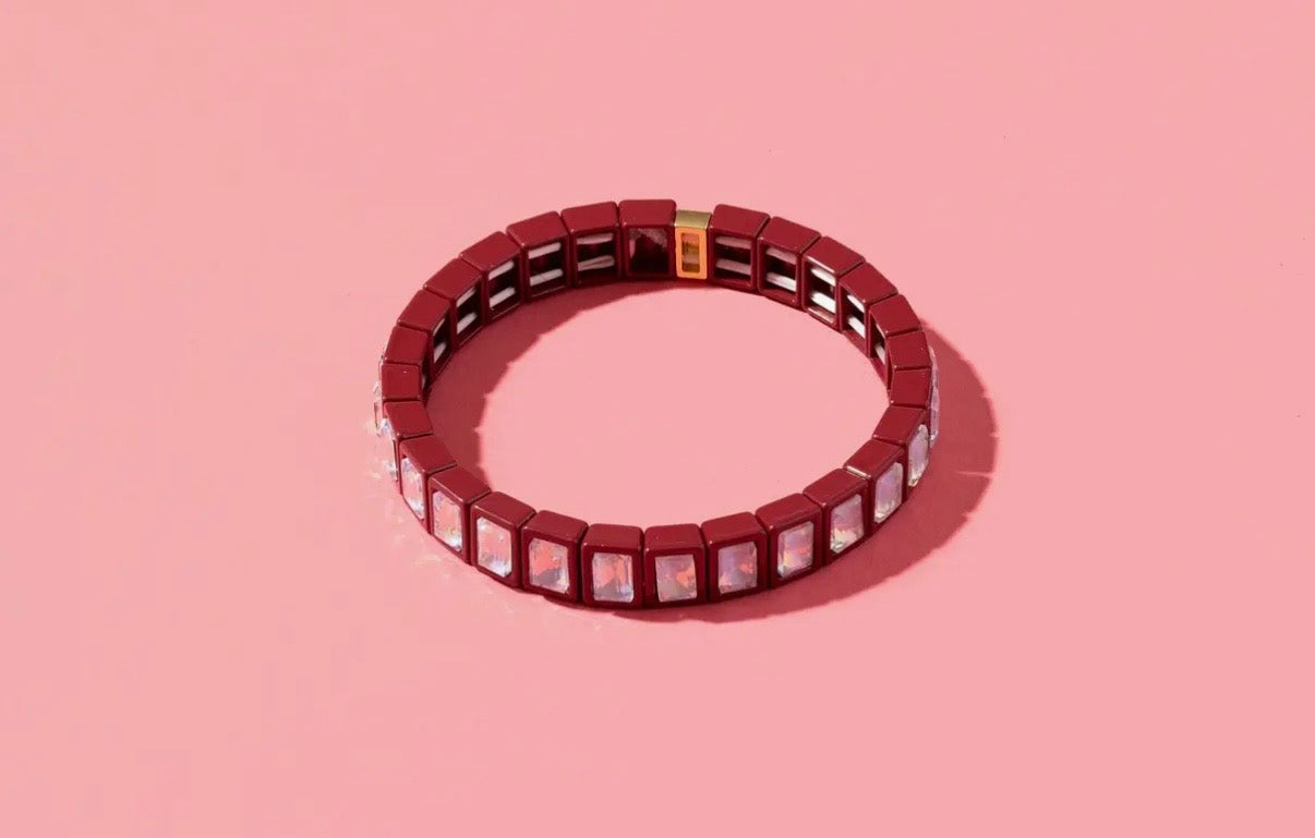 Taylor Elliott Designs -Maroon Enamel Stretch Bracelet - Rectangle Gems - Estelle -l