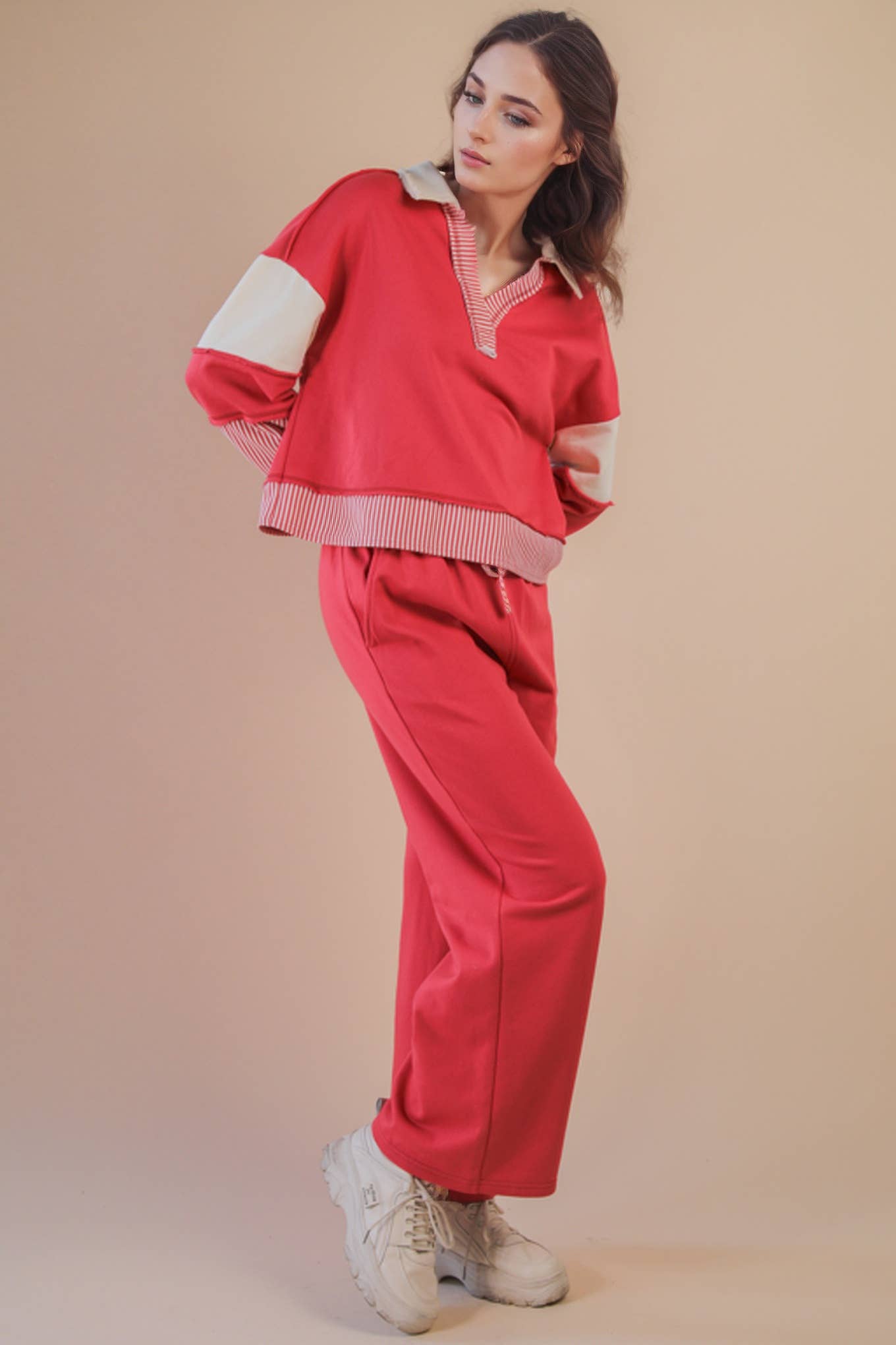 VERY J - Color Block Casual Knit Top & Pants Set
