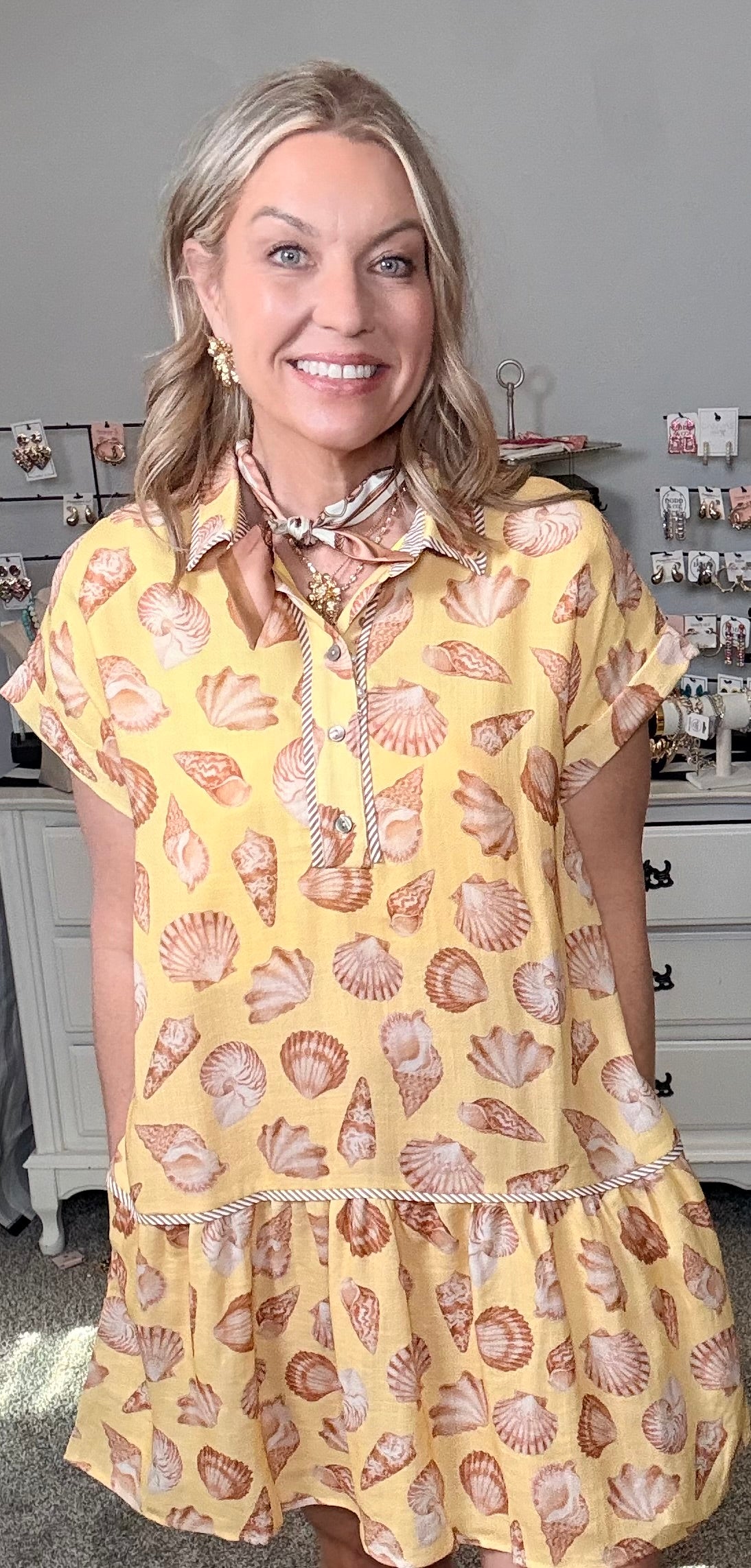 ENTRO Yellow Seashell Print Tiered Dress