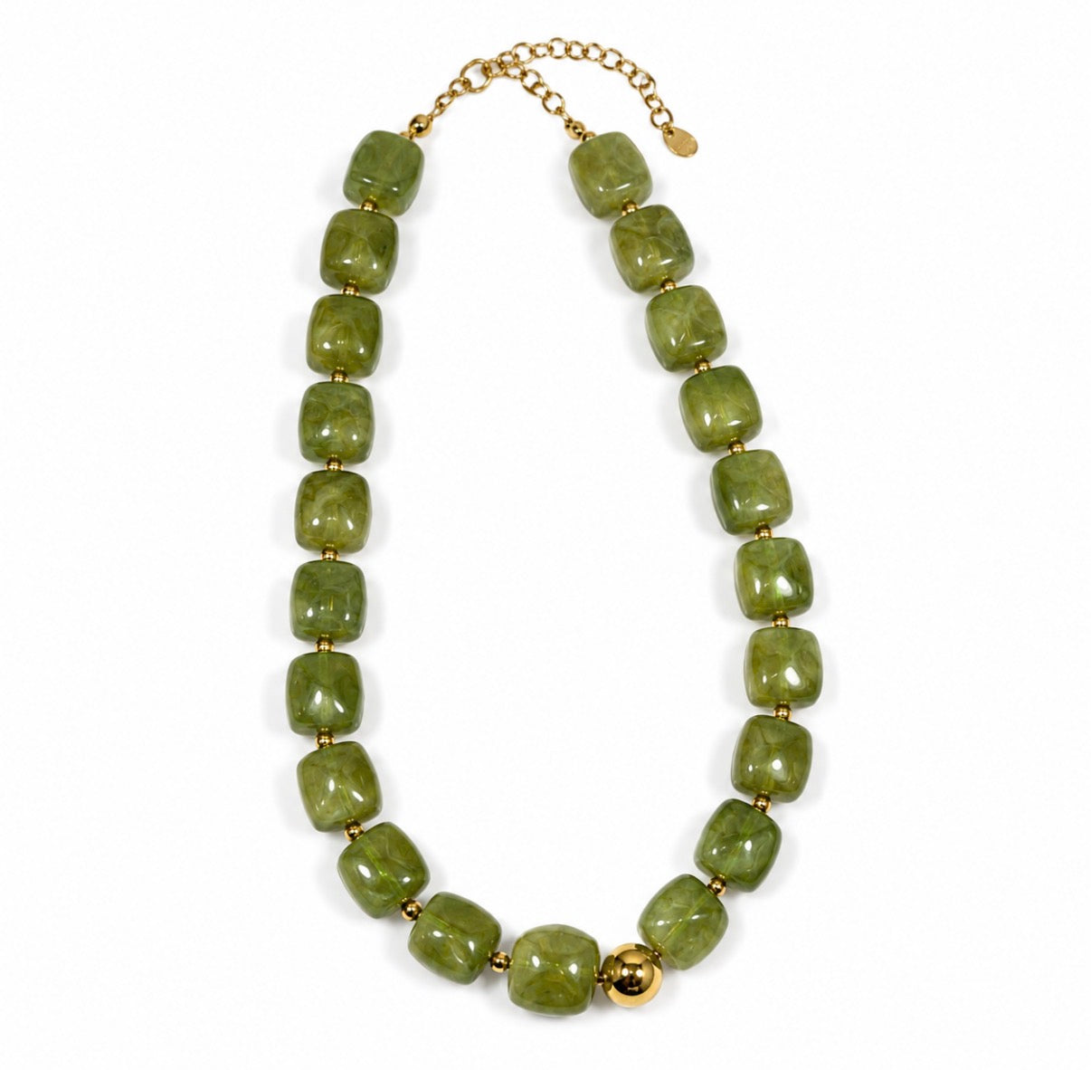 Olive Green Beaded Necklace w Gold Ball