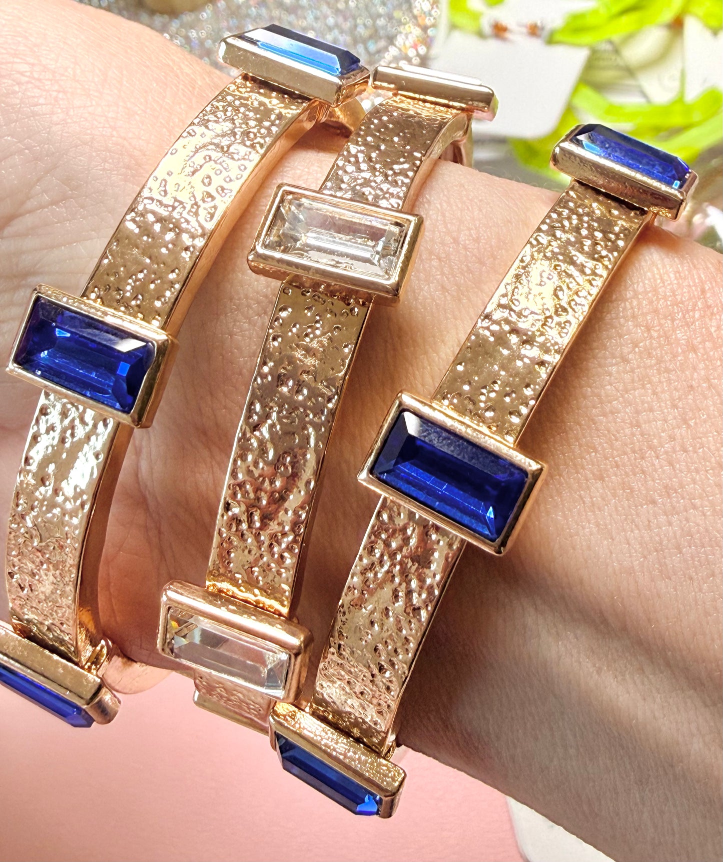 Textured Gold Bracelet with Blue Rectangle Crystals-stretchy