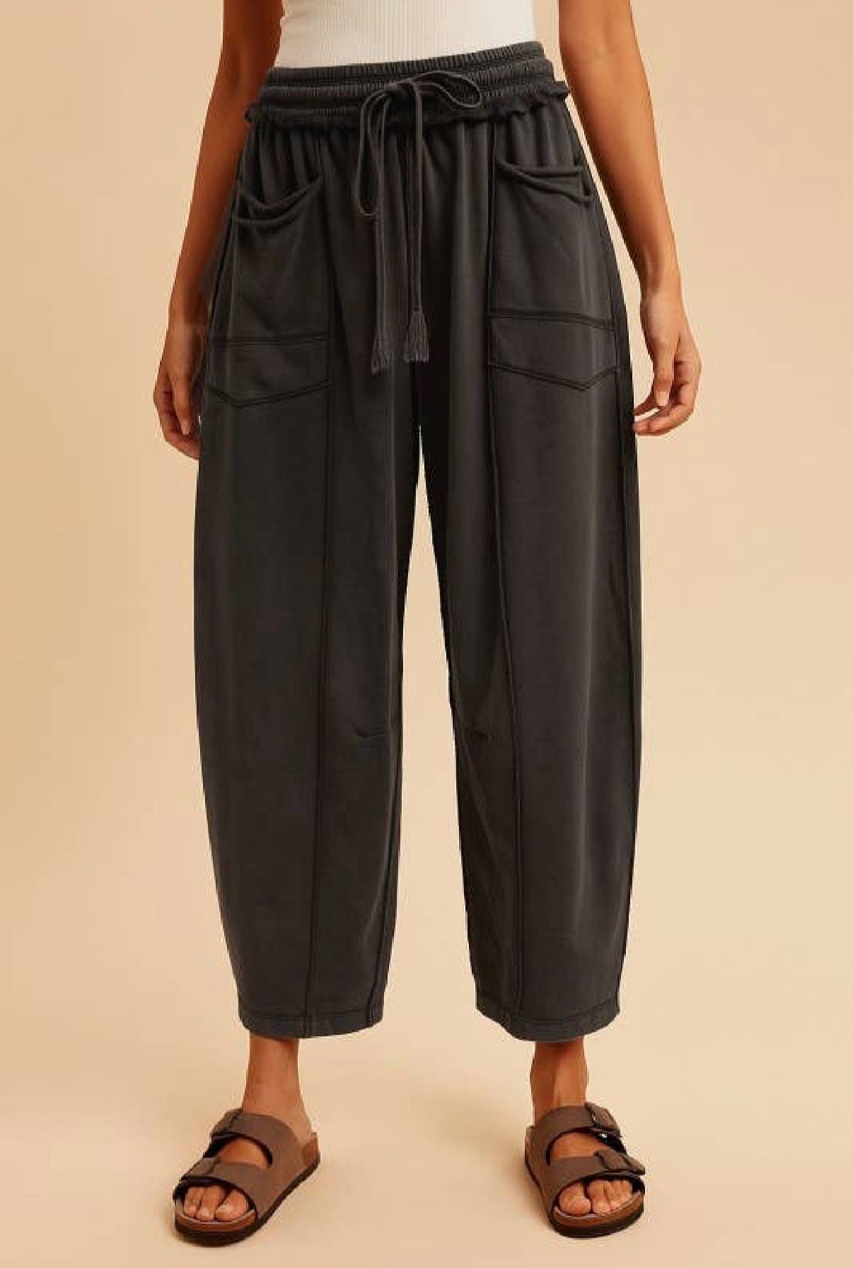 Black- Mineral Wash Barrel Fit Utility Knit Pants
