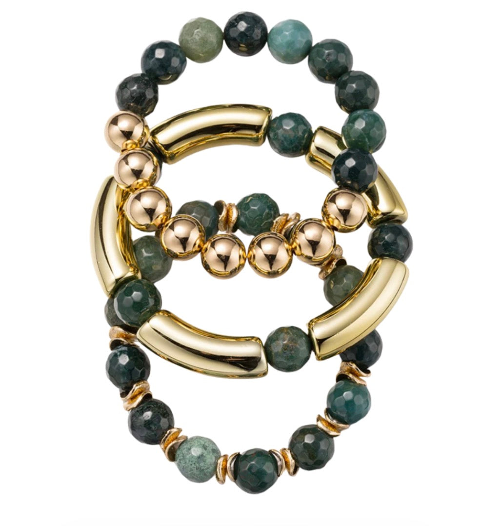 Jane Marie-Green-Set of 3 Beaded Bracelet with Gold Accents