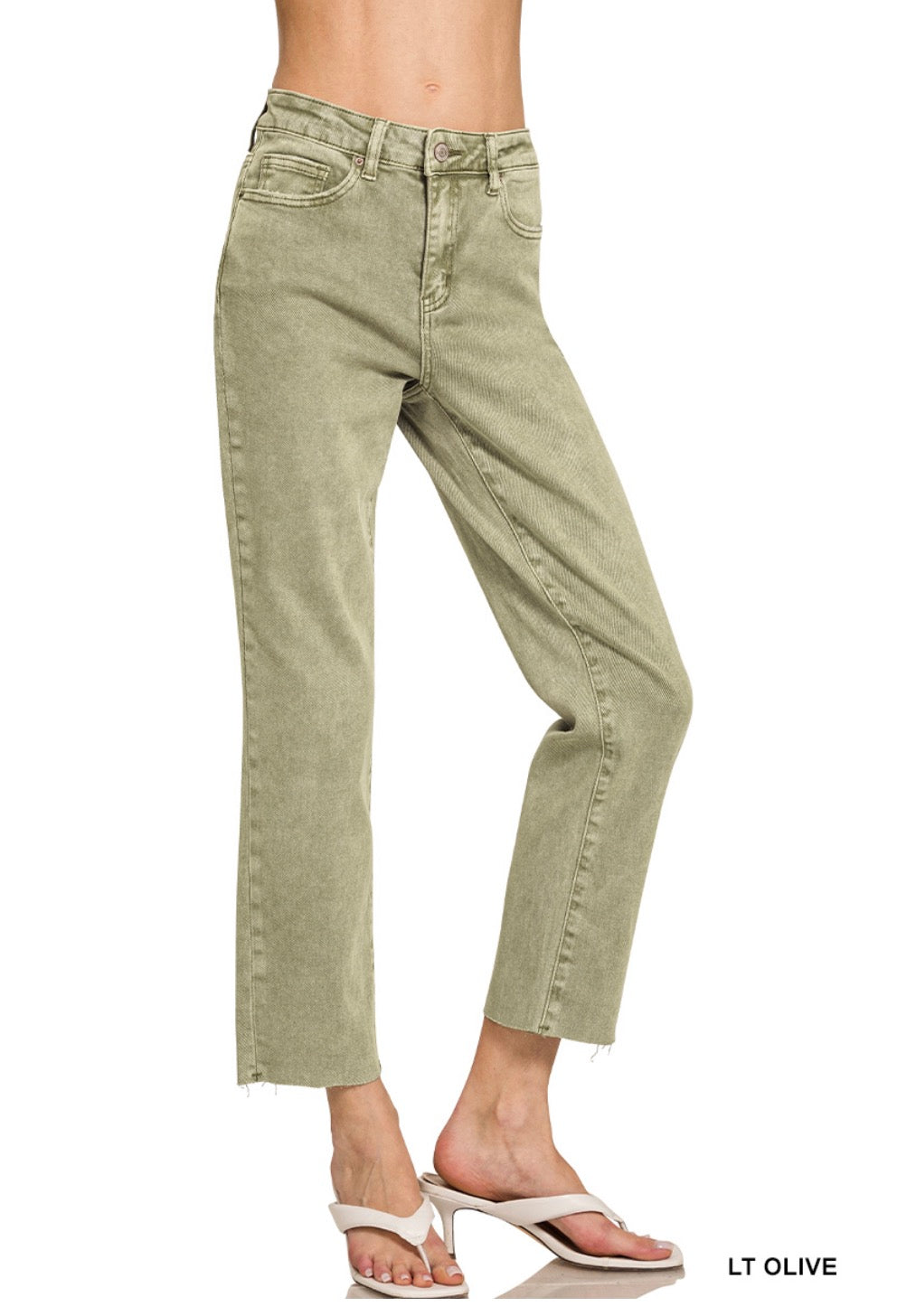 Light Olive- ACID WASHED HIGH WAIST CROPPED STRAIGHT PANTS