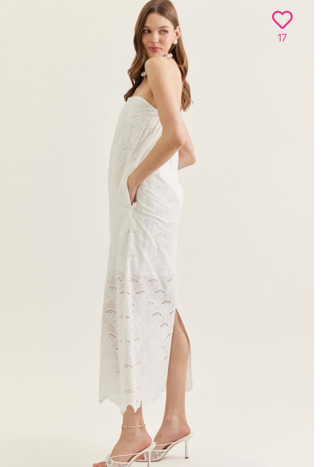 ENTRO White Strapless Eyelet Midi Dress