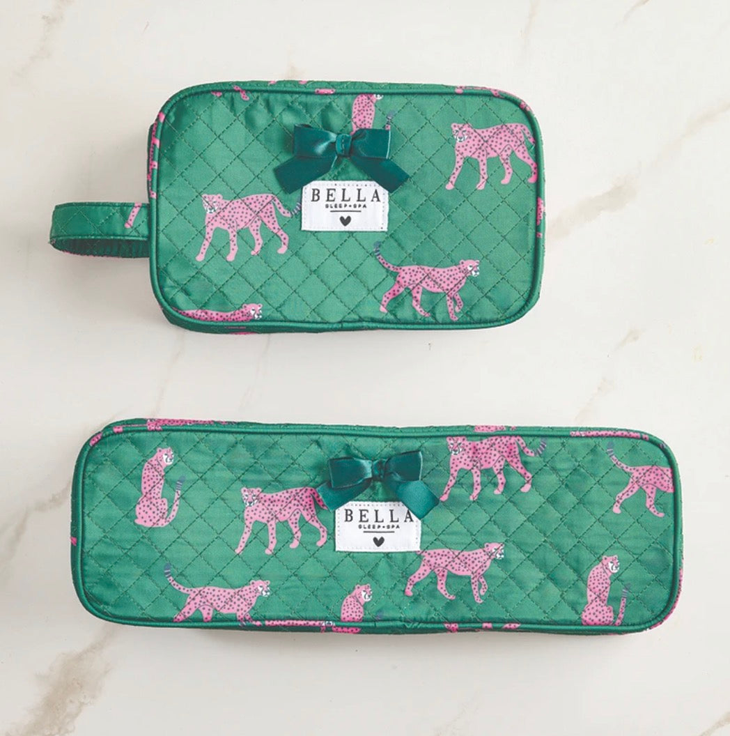 Quilted Hair Tool Bag - Green + Cheetahs