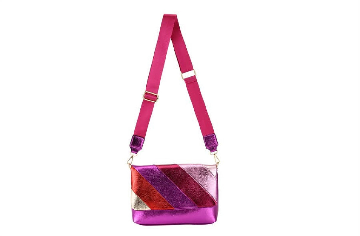 Fuchsia Metallic Faux Leather Multi Color Handbag