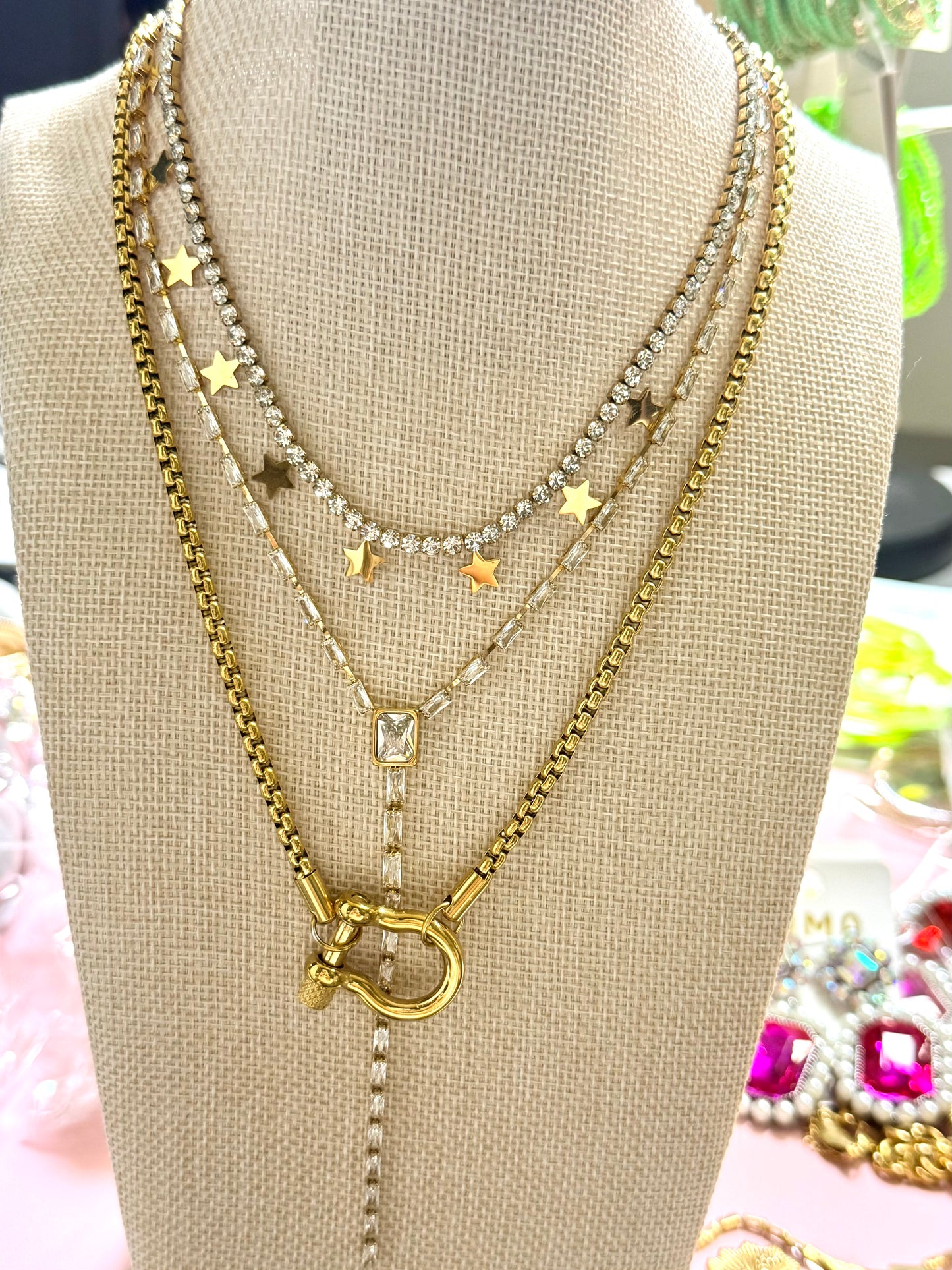 18k Gold plated Rhinestone necklace with Star Charms