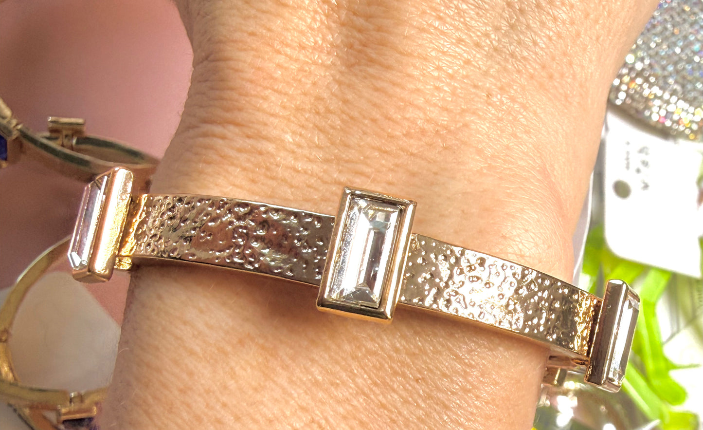 Textured Gold Bracelet with Clear Rectangle Crystals-Stretchy