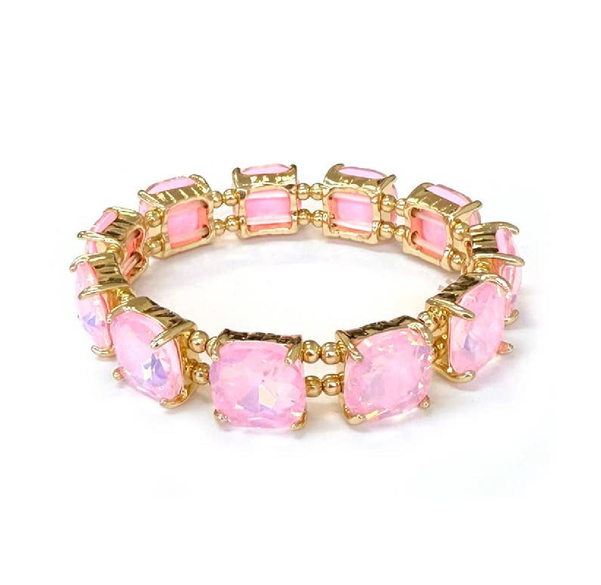 Pastel Pink- Cushion Cut Glass Crystal Linked Stretch Bracelet