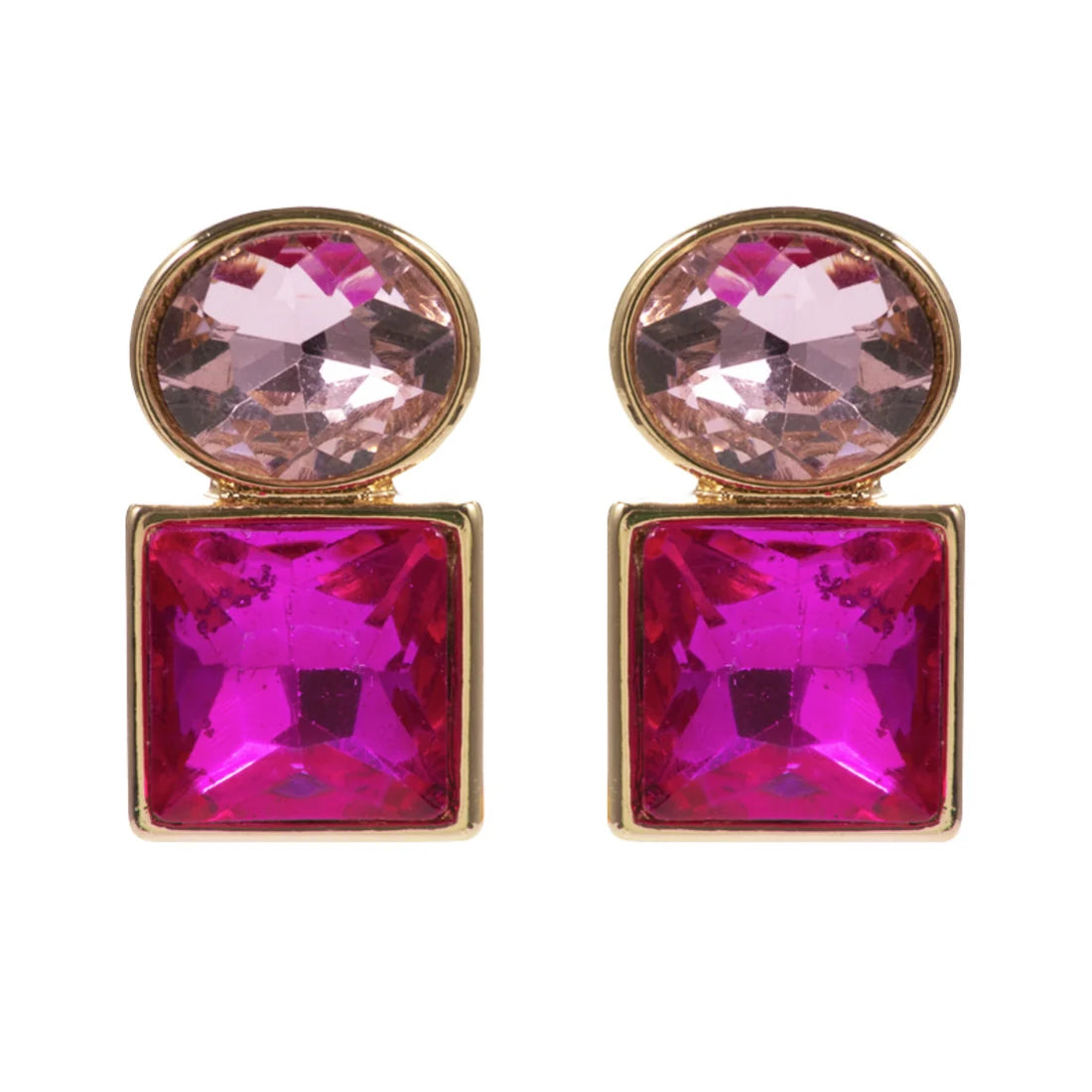 Jane Marie- Gold Light Pink Oval Crystal Earring with Hot Pink Square Crystal