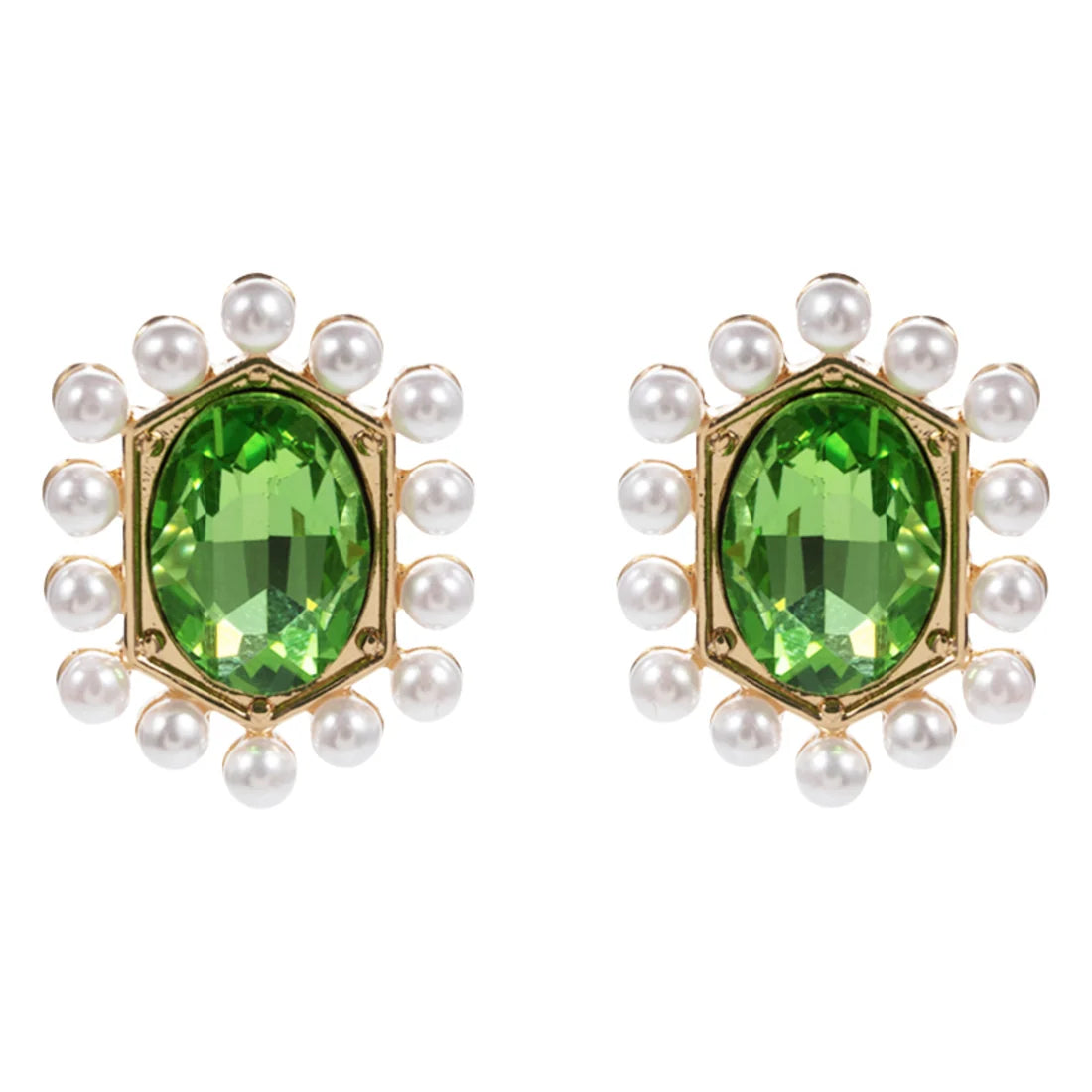Jane Marie- Gold Green Oval Crystal Earring with Pearl Outter Studs