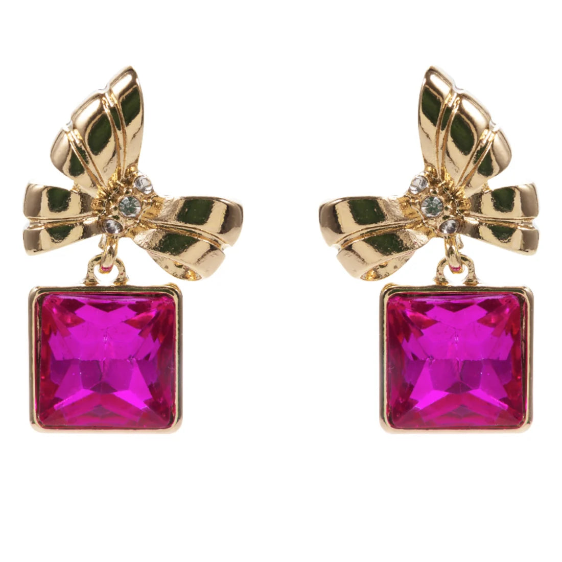 Jane Marie- Gold Bow Earring with Hot Pink Square Crystal