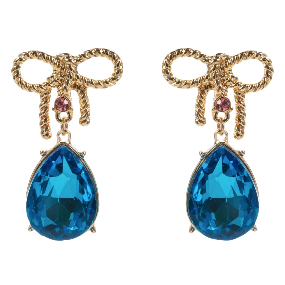 Jane Marie- Gold Bow Earring with Blue Crystal Teardrop