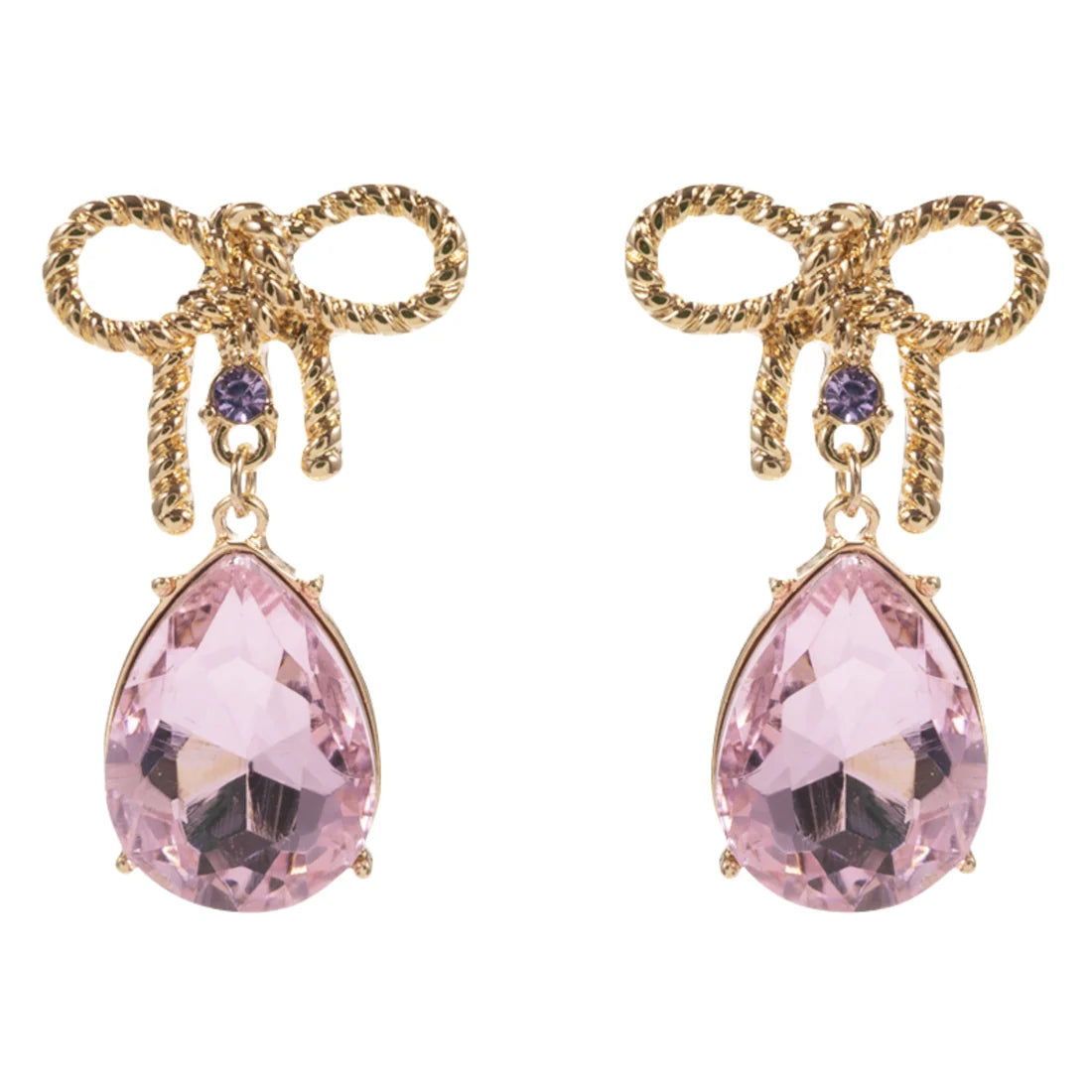 Jane Marie- Gold Bow Earring with Pink Crystal Teardrop