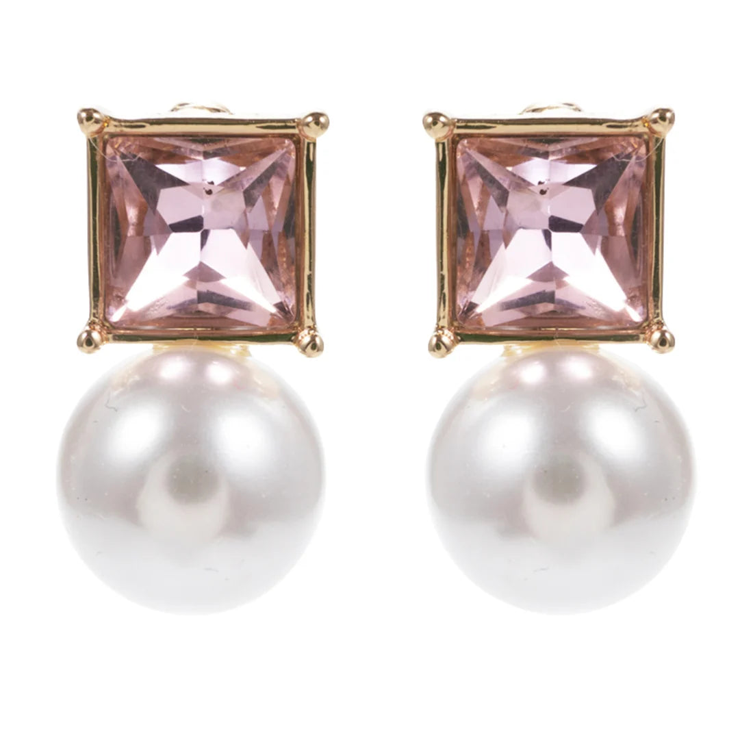 Jane Marie- Gold Light Pink Crystal Square Earring with Pearl