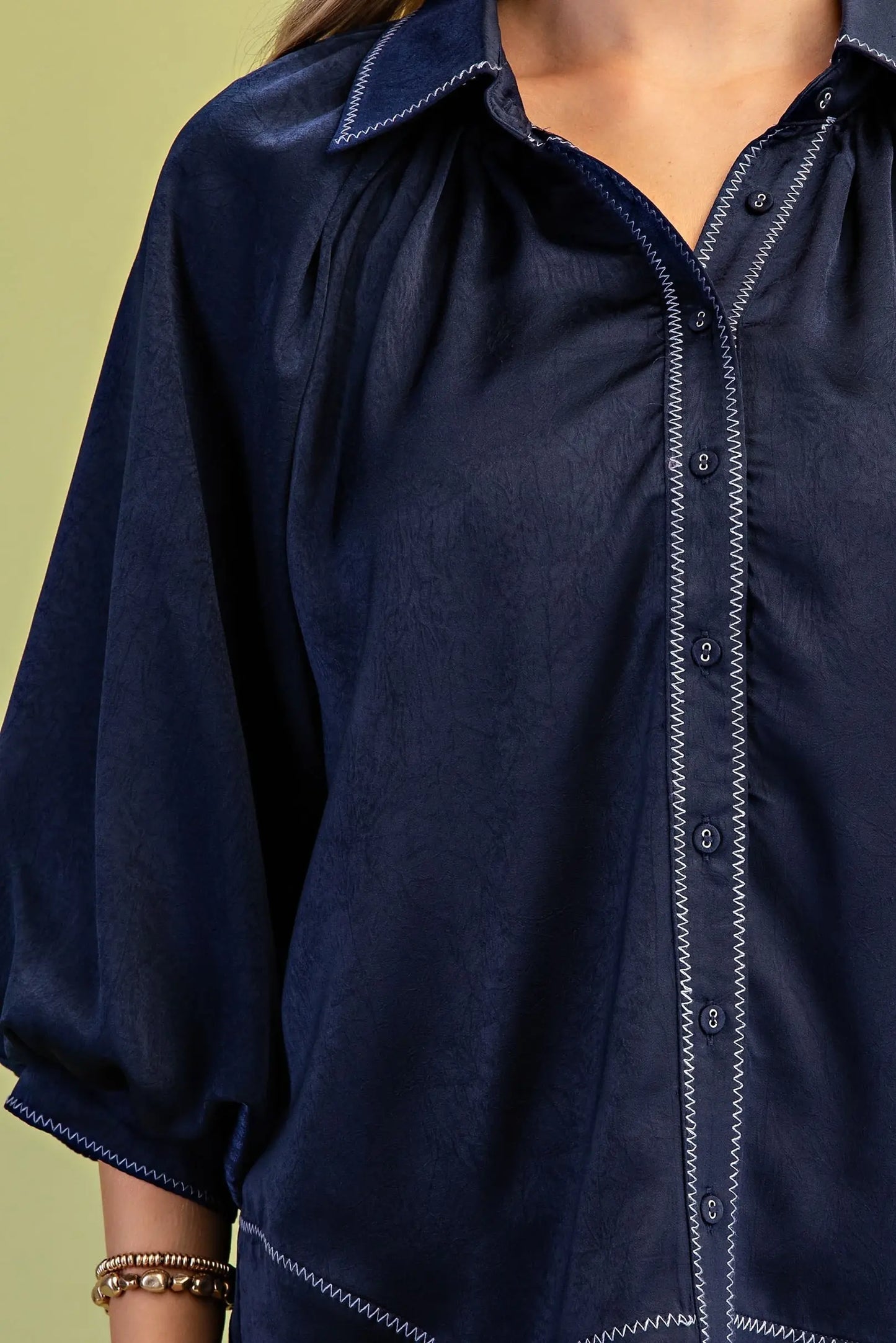 Navy Balloon Sleeve Button Down Blouse