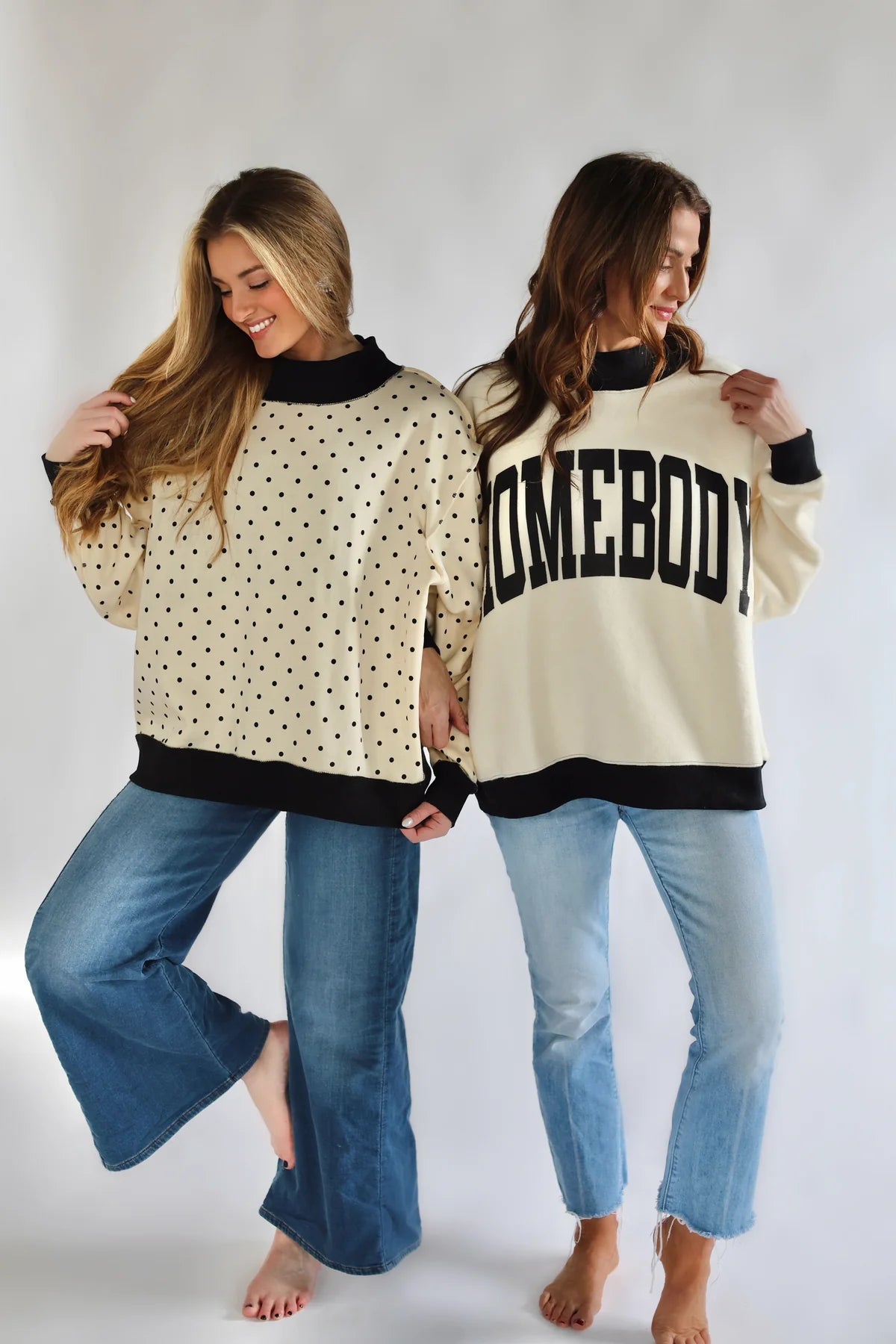 Poppy & Pine -2 Sided Mock Sweatshirt– Black Polka Dot reverses Homebody