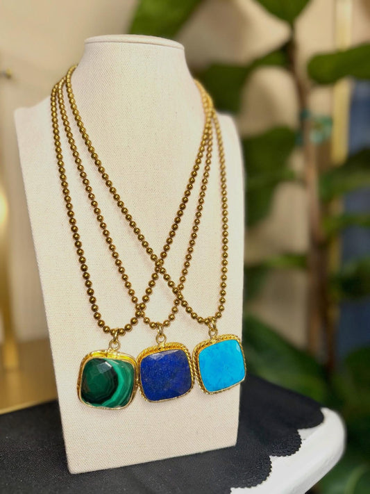 21” Vintage Brass 4mm Ball Chain with Large Square Gemstone Necklace