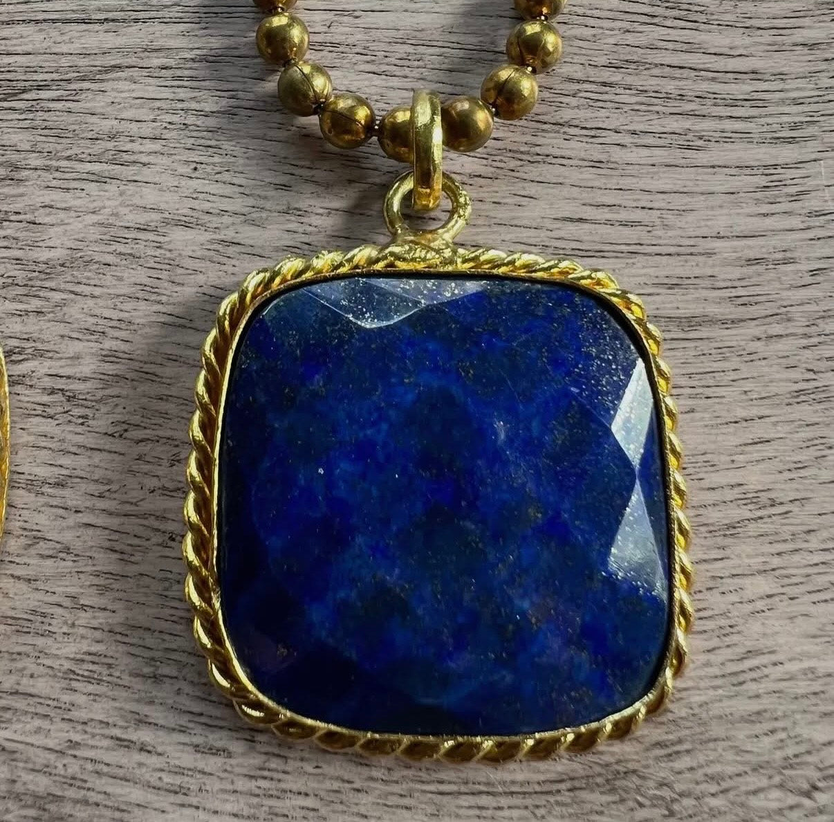 21” Vintage Brass 4mm Ball Chain with Large Square Gemstone Necklace