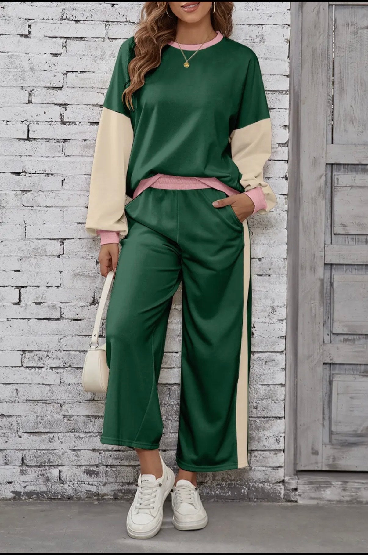 2Piece Color Block Pullover Loose Pants Set