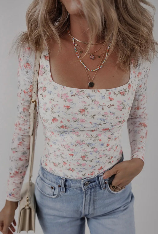 Floral Print Textured Square Neck Long Sleeved Top