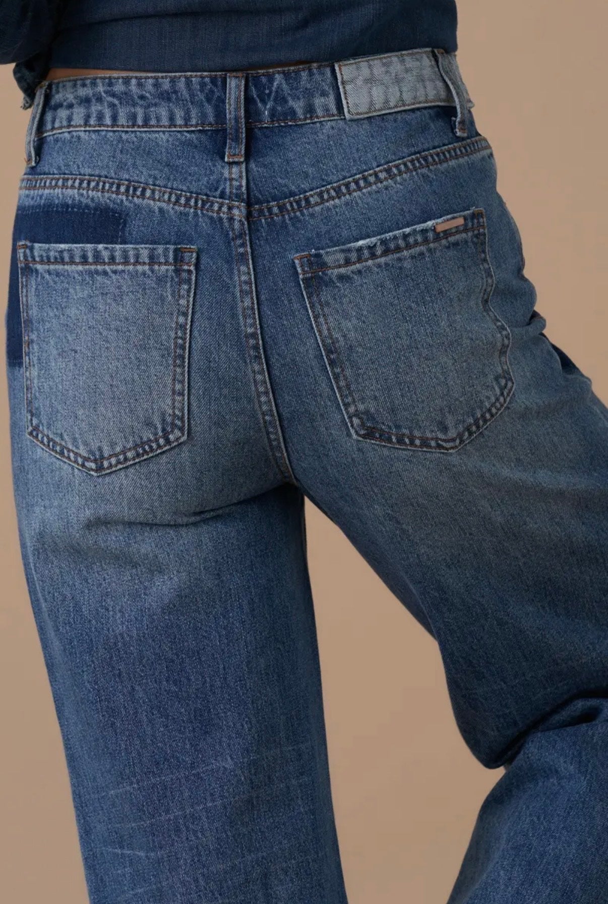 High Rise Wide Leg Patch Work Jeans 100% Cotton , 29” Inseam