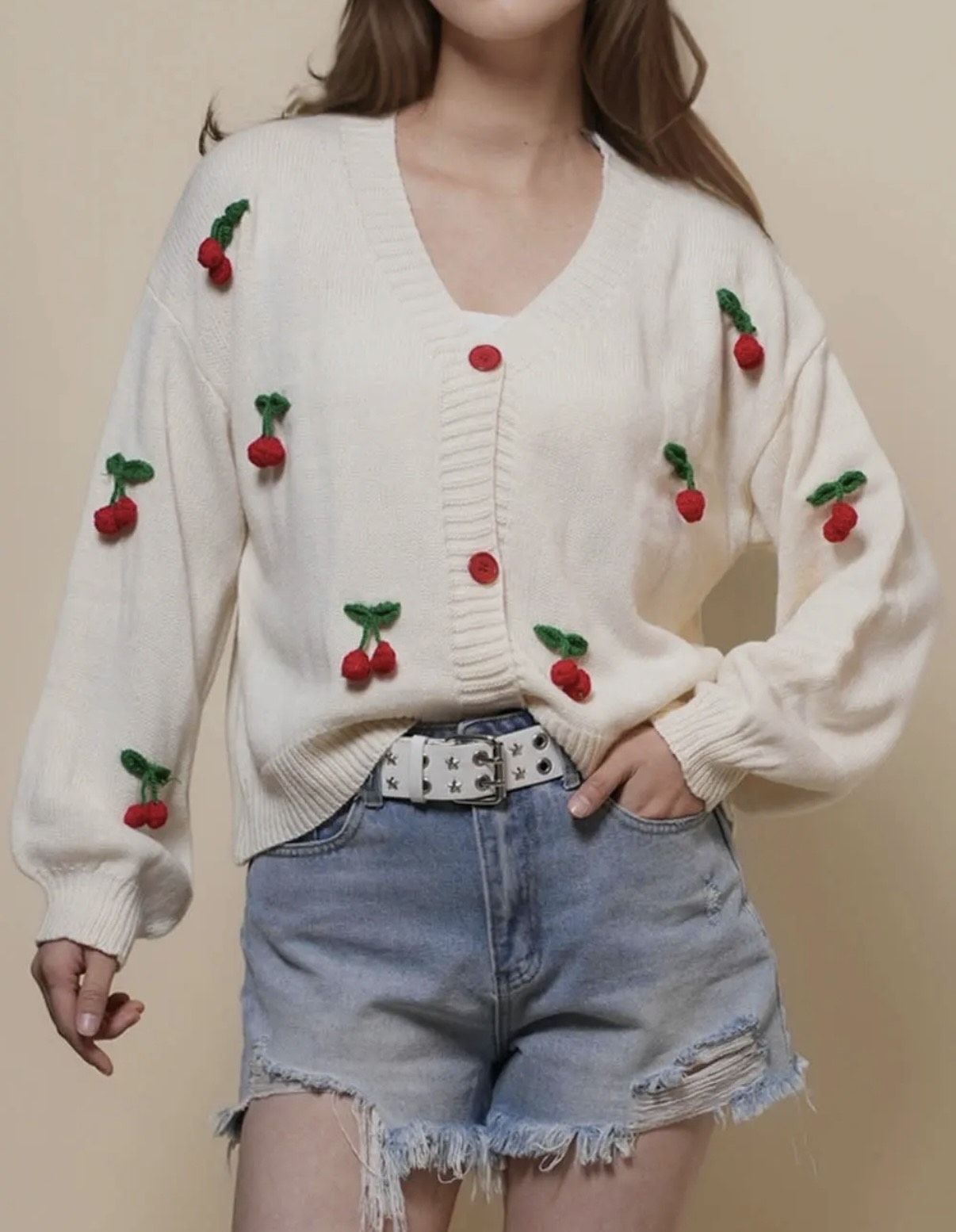 V-Neck Long Sleeves Cherry Knit Cardigan