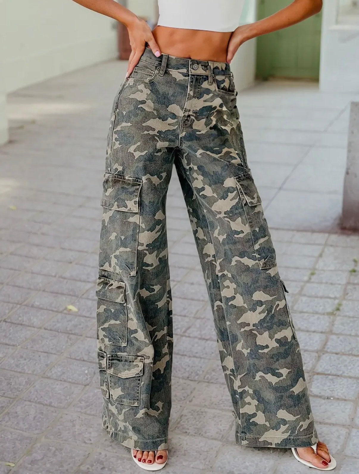 Camo Denim Cargo Wide Leg Pants