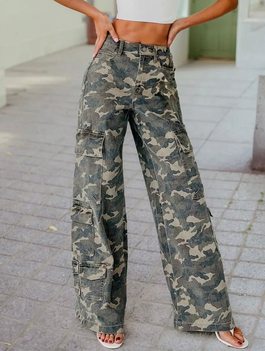 Camo Denim Cargo Wide Leg Pants