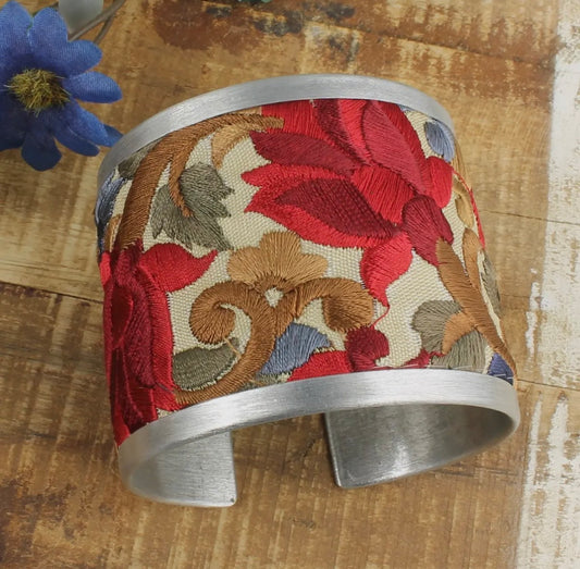 Red Flower Embroidered Elegance Cuff Bracelet