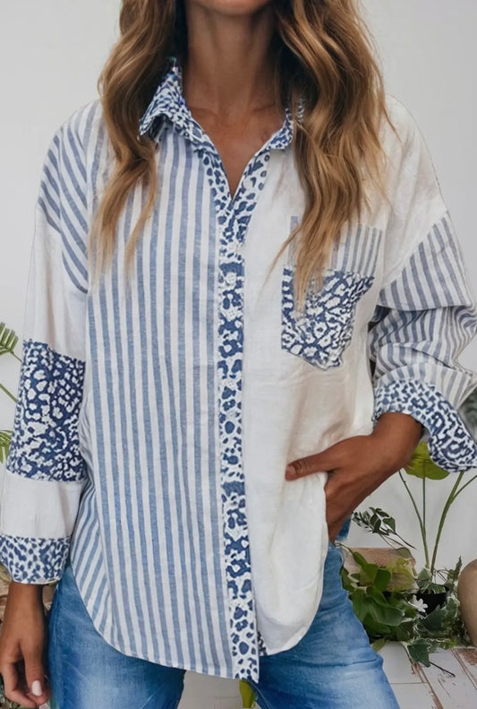 Leopard Striped Western Patchwork Button-Up Shirt