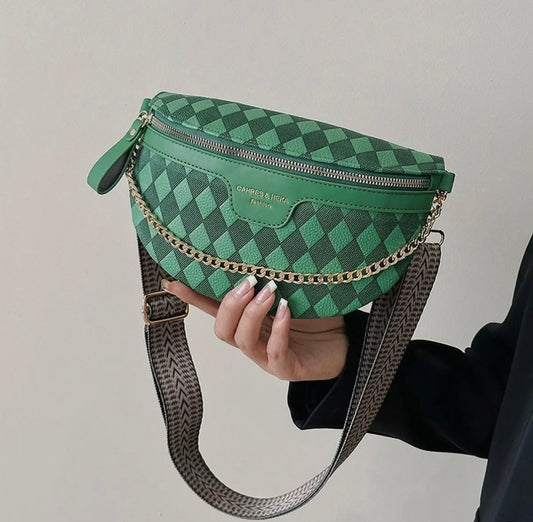 Checkered Chain Strap PU Crossbody Bag