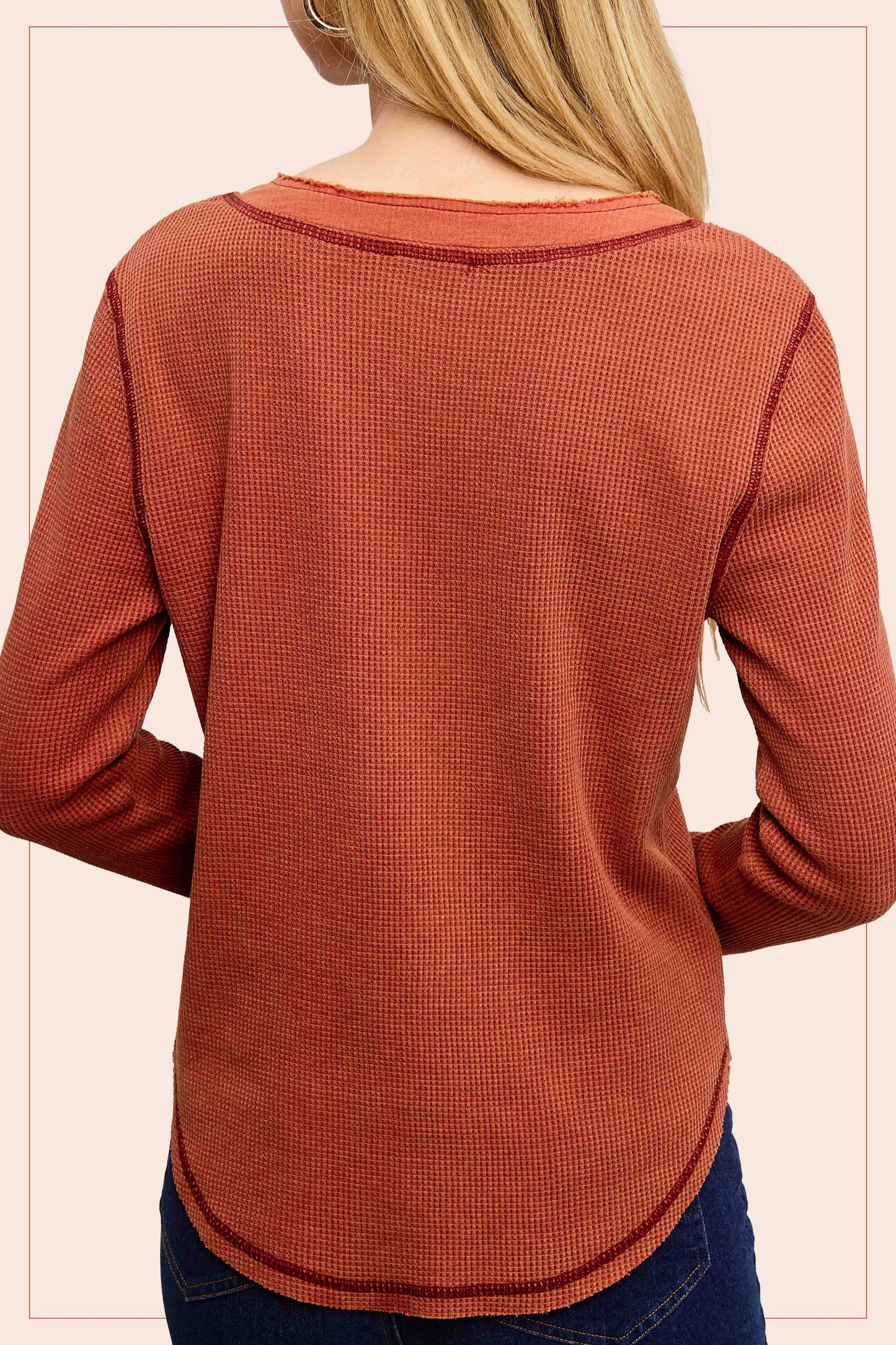 Waffle Long Sleeve Button Front Henley Thermal Top