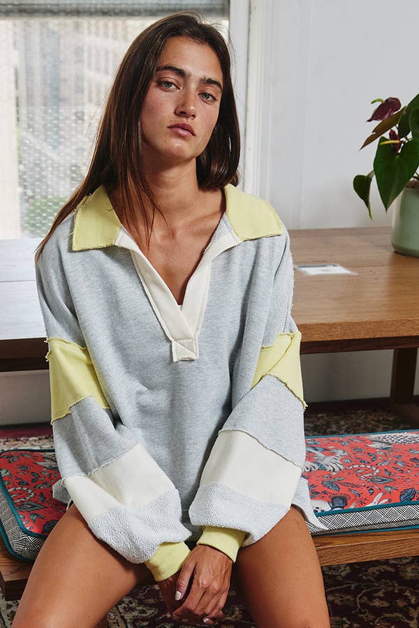 French Terry Color-block Collared Loose Fit Top