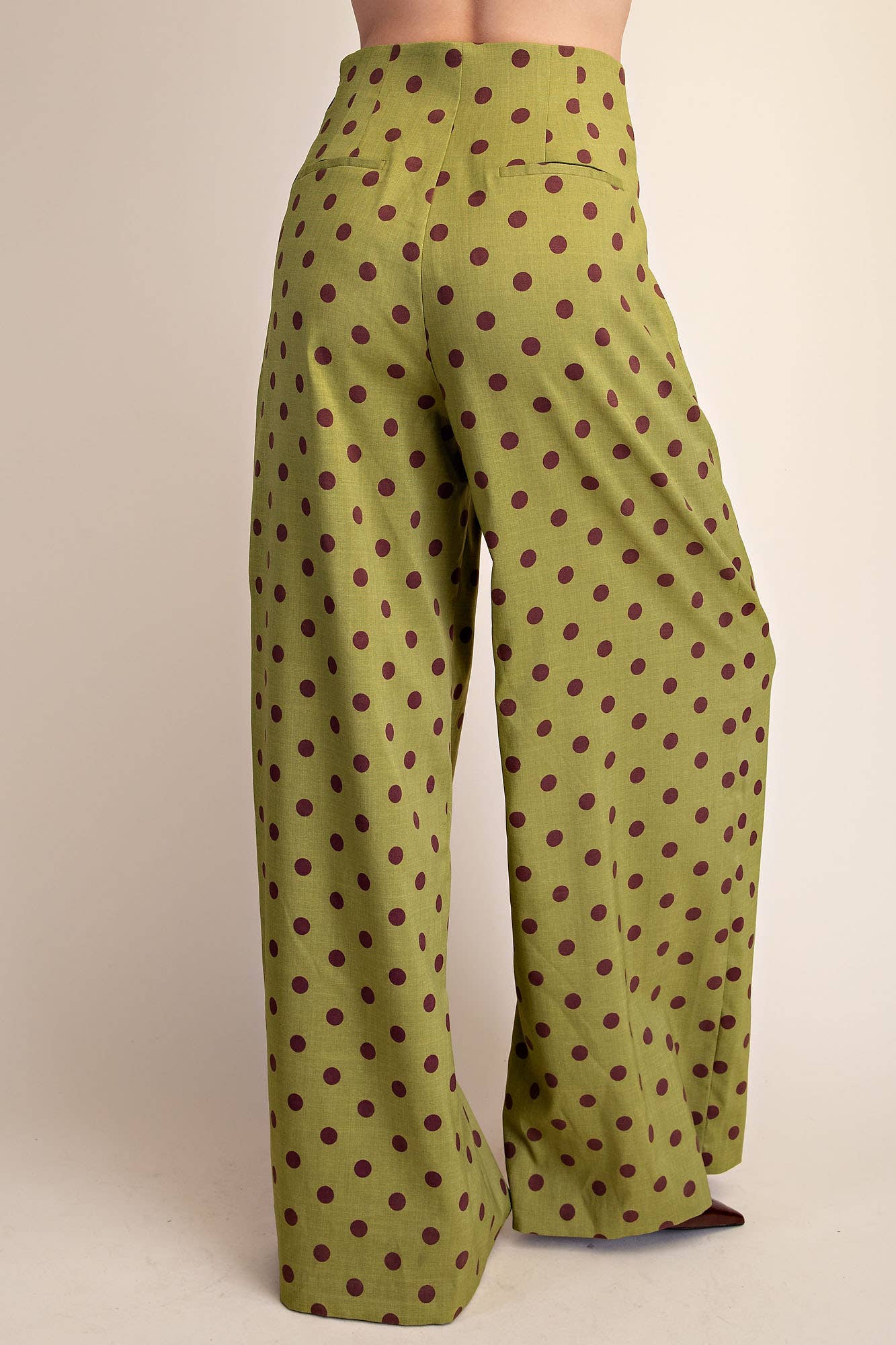 Olive Green Polka Dot Pleated High-Waisted Wide Pants