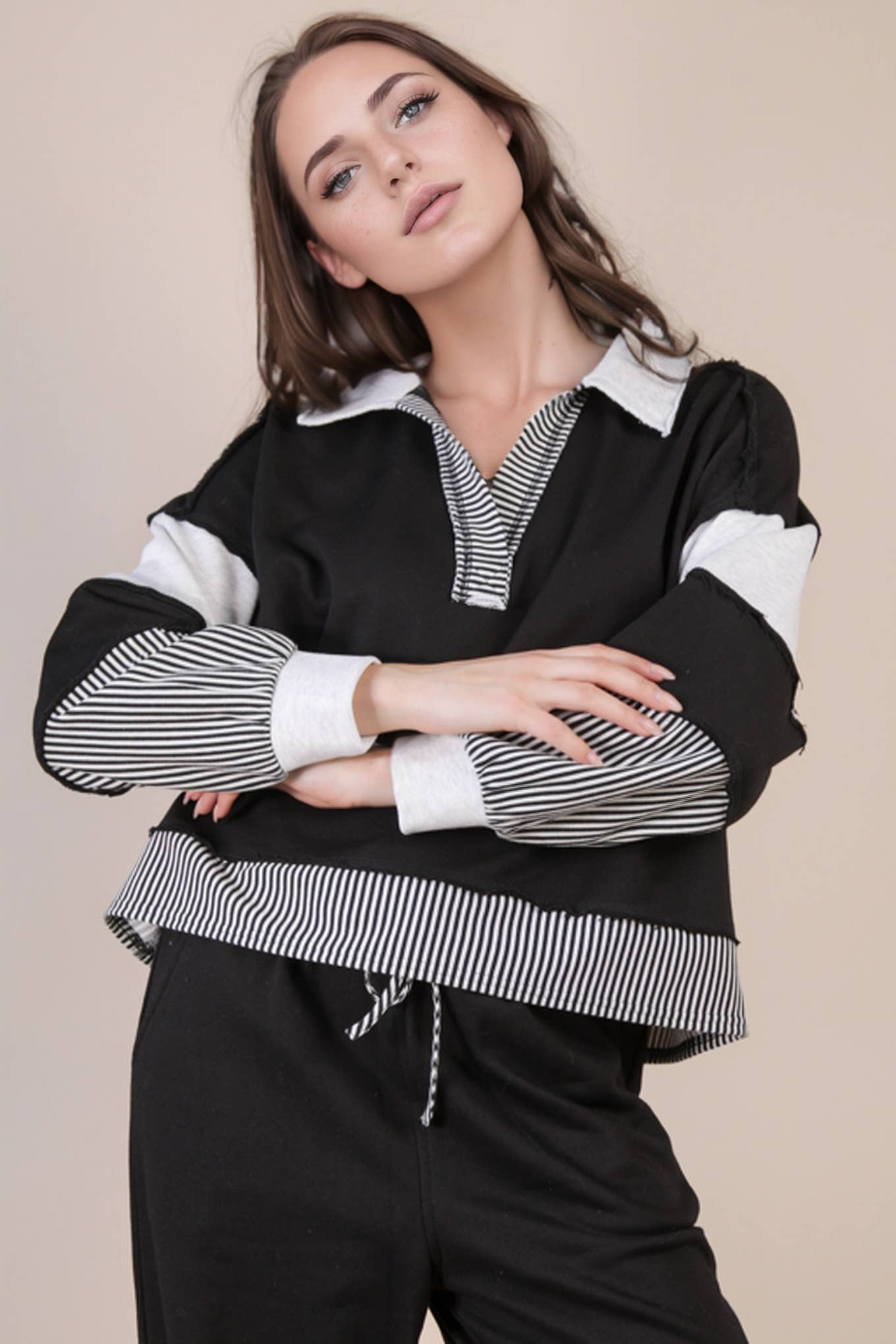 VERY J - Color Block Casual Knit Top & Pants Set