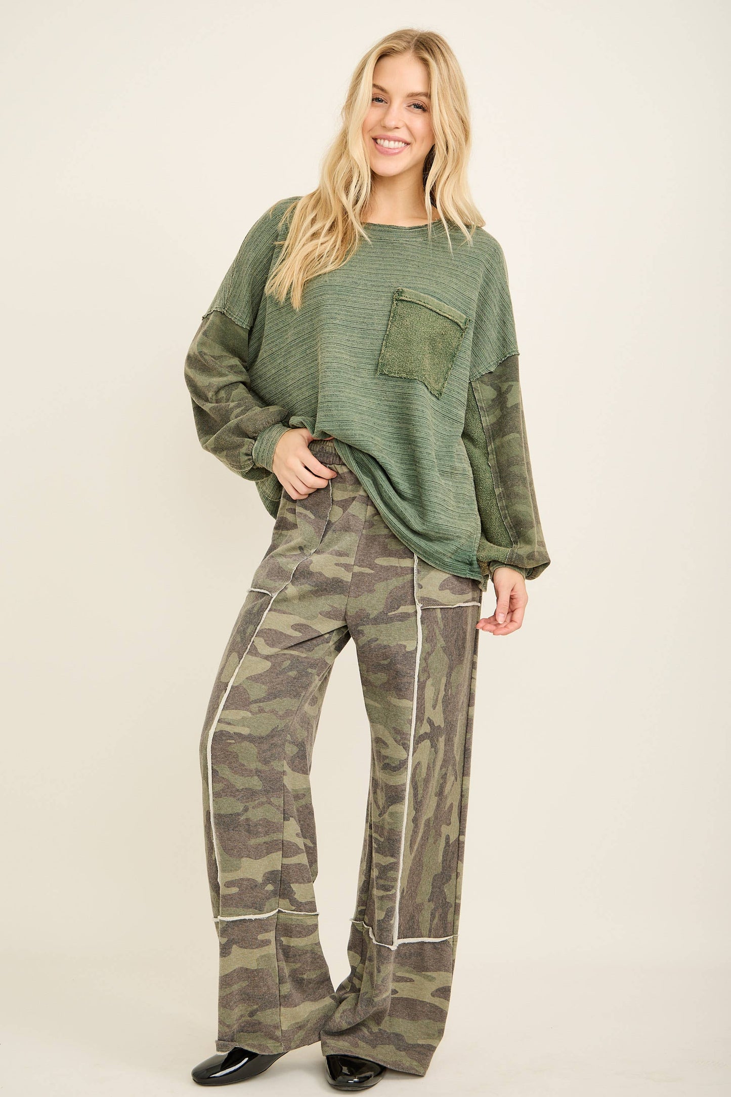 Washed Camo Terry Wideleg pants